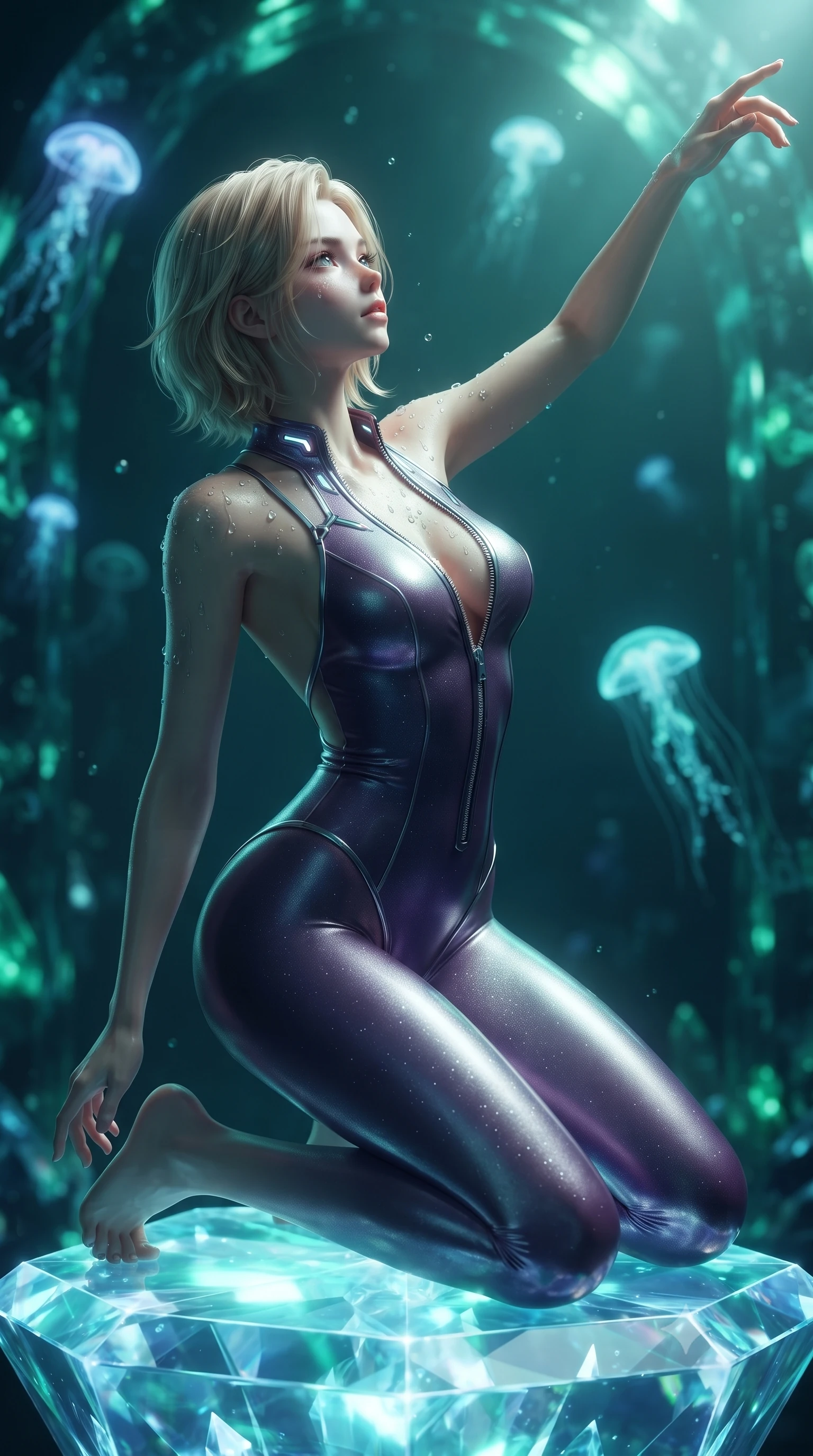 score_9, masterpiece, best quality, ultra-detailed, high-budget anime keyframe, editorial fashion photography, tasteful artistic composition, Caucasian woman. close-up cowboy shot from the waist and thighs up, the character dominates the composition, filling the frame with her large presence. extending one arm gracefully toward the light while her torso arches in a sleek, alluring curve with magnetic intensity while kneeling on a glowing crystal dais with seawater droplets glistening across her shoulders and clavicle. The composition keeps background elements in soft focus with creamy bokeh. floating bioluminescent jellyfish and deep-sea crystal arches blurred into creamy aquamarine and emerald bokeh. She has an exceptionally elegant, slender, and willowy female figure with an ultra-slim waist, a gracefully sculpted slender torso, and a refined silhouette. sharp v-shaped jawline, high-bridge nose, intricate jewel-like eyes with depth, thick eyelashes, glossy lips with a natural sheen, flawlessly proportioned anatomical accuracy, natural body alignment, perfectly sculpted elegant limbs, clean dynamic posture without body distortion. wearing a liquid chrome micro-bodysuit sculpted tightly to her figure, featuring razor-thin metallic straps and an open back in dark amethyst purple and shimmering starlight silver, made of liquid metal jersey that clings flawlessly to every contour of her build, featuring a dangerously unzipped neckline framed by glowing cybernetic accents, the liquid-tight fabric adhering flawlessly to her sculpted torso and slender silhouette. bathed in deep aquamarine and glowing emerald bioluminescent rim lighting with crisp water refractions. ultra-reflective glossy finish, specular highlights, metallic sheen, high-contrast stereoscopic depth, volumetric dynamic lighting, 2k, ultra detail, master piece, 9:16 ratio