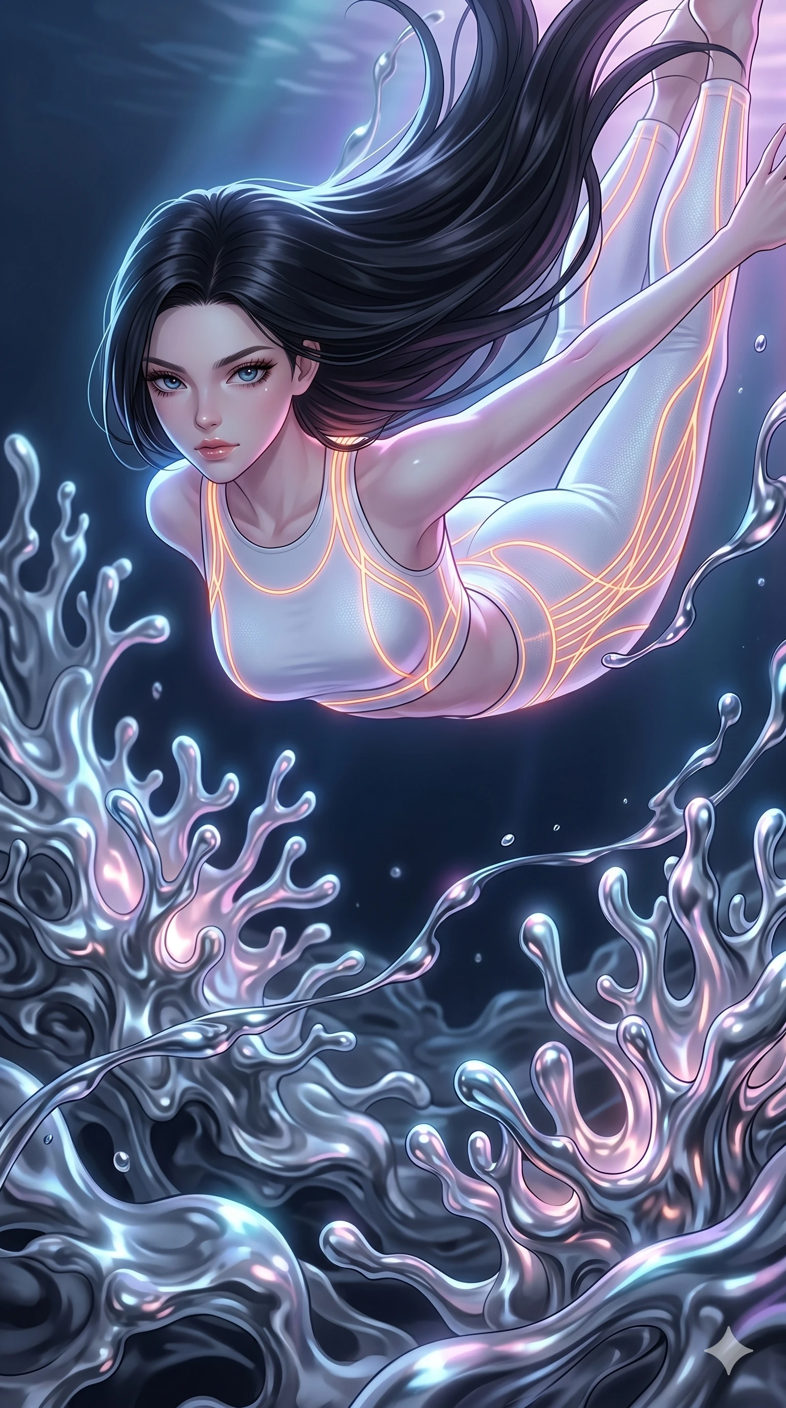 score_9, masterpiece, best quality, ultra-detailed, high-budget anime keyframe, Caucasian woman, strictly human ears. upper body close-up from the thighs up, character filling the screen for maximum presence. diving through a bionic fluid mercury reef where self-replicating liquid chrome corals pulse under dark ocean water. She has an absolutely perfect 8-heads proportion, an exceptionally tall and slender female figure with impossibly long slender legs and an ultra-slim waist. V-shaped jawline, high-bridge nose, intricate jewel-like eyes with depth, thick eyelashes, glossy lips with a natural sheen.. wearing a neon filament athleisure set, featuring a tight white crop top and matching leggings woven with glowing orange neon filaments, highlighting her slender body contour. enhanced by a luminous pastel spectrum glow, casting elegant rim lights on her shoulders and jawline. 2k, ultra detail, master piece, 9:16 ratio
