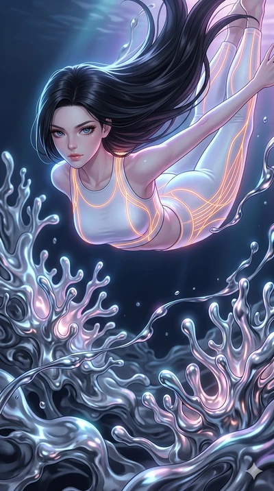 score_9, masterpiece, best quality, ultra-detailed, high-budget anime keyframe, Caucasian woman, strictly human ears. upper body close-up from the thighs up, character filling the screen for maximum presence. diving through a bionic fluid mercury ree