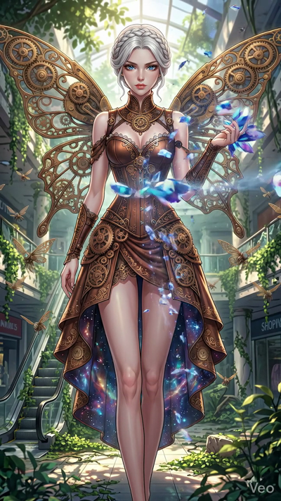 Cinematic close-up of a silver-haired fairy with intricate golden mechanical wings. The gears on her wings rotate smoothly as she slowly floats upwards in a sun-drenched, overgrown atrium. Iridescent blue crystals orbit around her, trailing soft ligh