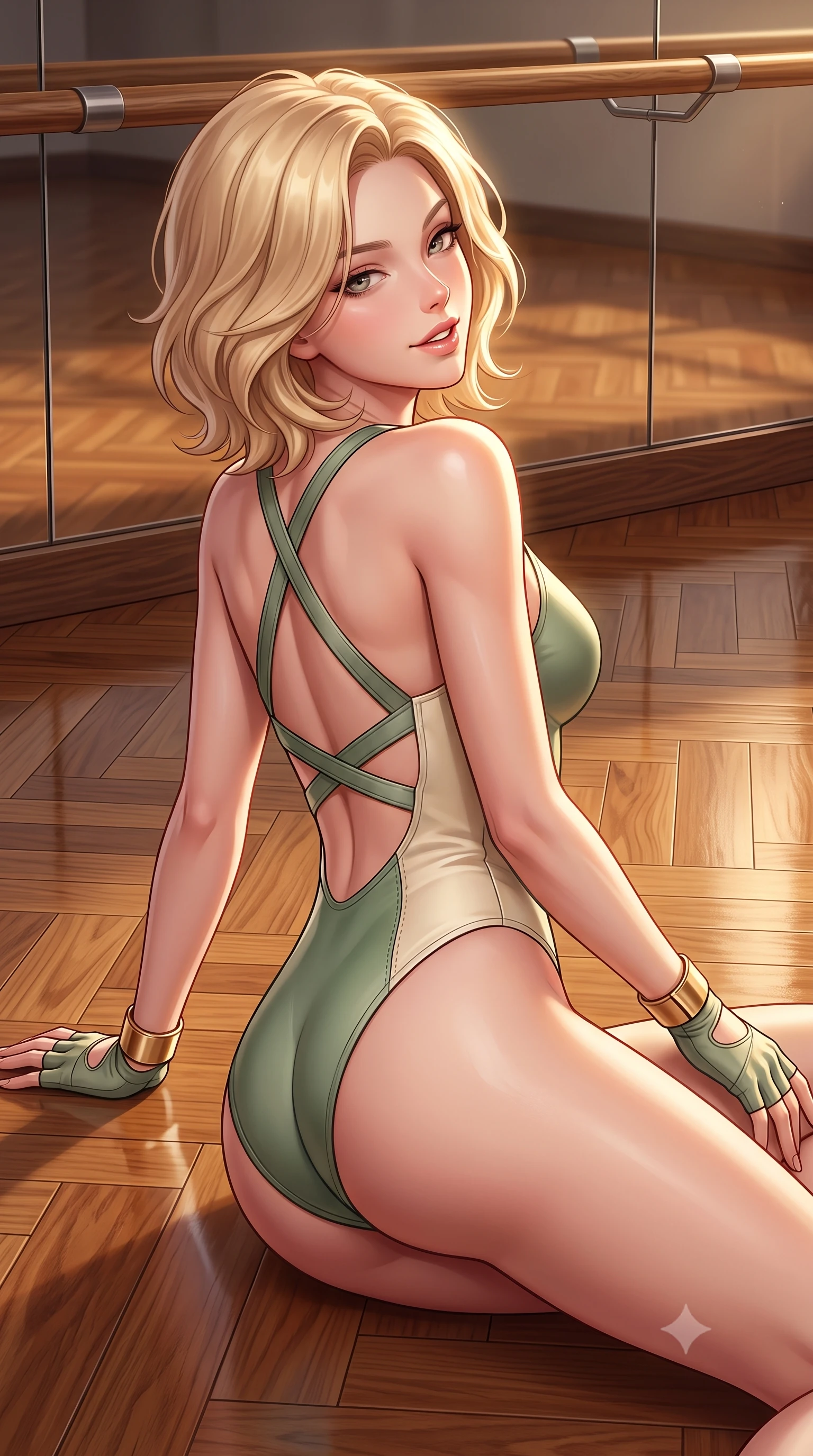 score_9, masterpiece, best quality, ultra-detailed, high-budget anime keyframe, semi-realistic 3D game render, editorial fashion photography, tasteful artistic composition, Caucasian woman. close-up cowboy shot from the waist and thighs up, the character dominates the composition, filling the frame with her large presence. turning over a bare shoulder with an intoxicating, teasing smile, her soft hair framing her sharp jawline as her hips angle gracefully while reclining on the dance studio floor propped up on one hip, head tilted back in ecstasy with parted lips as warm spotlights trace her silhouette. The surrounding environment is rendered in vivid detail and crisp panoramic clarity. sharp mirror reflection seams, polished hardwood parquet flooring, and wooden barre grain in deep focus. She has an exceptionally elegant, slender, and willowy female figure with an ultra-slim waist, a gracefully sculpted slender torso, toned flat midriff, and rounded feminine hips creating an alluring hourglass silhouette. sharp v-shaped jawline, high-bridge nose, intricate jewel-like eyes with depth, thick eyelashes, glossy parted lips with a natural sheen, intensely captivating and seductive bedroom-eyes expression, flawlessly proportioned anatomical accuracy, strict slender model proportions, natural body alignment, perfectly sculpted long slender limbs, ultra-slim waistline, clean dynamic posture without body distortion. wearing a modern athletic monokini leotard with criss-cross back harness straps and high-hip cut in sage green and warm cream, tailored from supple stretch leather with precision-stitched seams, accessorized with fingerless athletic wrap gloves and minimalist gold cuffs, the second-skin form-contouring cut accentuating her sculpted flat midriff, narrow waistline, and dramatically curvy hips without adding bulk. surrounded by a disciplined, sensual, and exquisitely graceful haute-couture dancer aura. highly saturated vibrant anime colors, detailed shading with soft gradients, rich glossy textures, high-contrast stereoscopic depth, volumetric dynamic lighting, master piece, 9:16 ratio