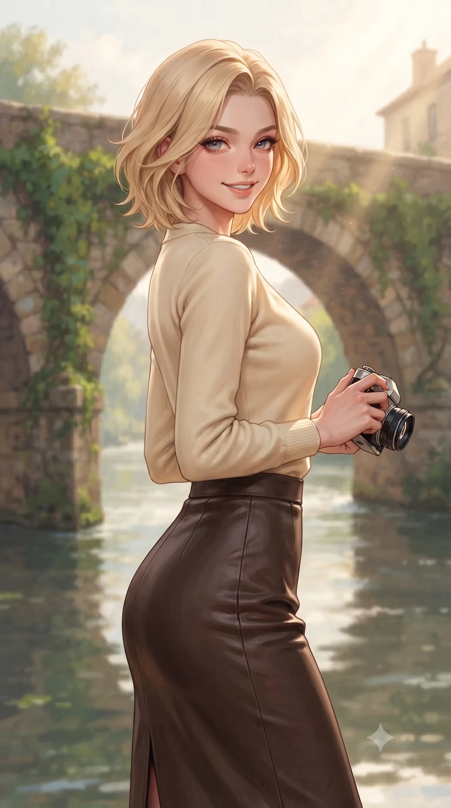score_9, masterpiece, best quality, ultra-detailed, high-budget anime keyframe, editorial fashion photography, tasteful artistic composition, Caucasian woman. close-up cowboy shot from the waist and thighs up, the character dominates the composition, filling the frame with her large presence, background elements kept in soft focus. smiling with a playful and cute half-smile, glancing sidelong over her shoulder set against a soft-focus background of next to a scenic river bridge with stone arches and green ivy vines with a vintage camera in her hand and a warm, cute grin. She has an exceptionally elegant, slender, and willowy female figure with an ultra-slim waist, a gracefully sculpted slender torso, and a refined silhouette. sharp v-shaped jawline, high-bridge nose, intricate jewel-like eyes with depth, thick eyelashes, glossy lips with a natural sheen. wearing tailored tight-fitting cashmere cardigan closed, paired with a sleek leather midi skirt. soft afternoon sunbeams creating a peaceful, quiet country atmosphere. highly saturated vibrant anime colors, detailed shading with soft gradients, rich glossy textures, high-contrast stereoscopic depth, volumetric dynamic lighting, master piece, 9:16 ratio