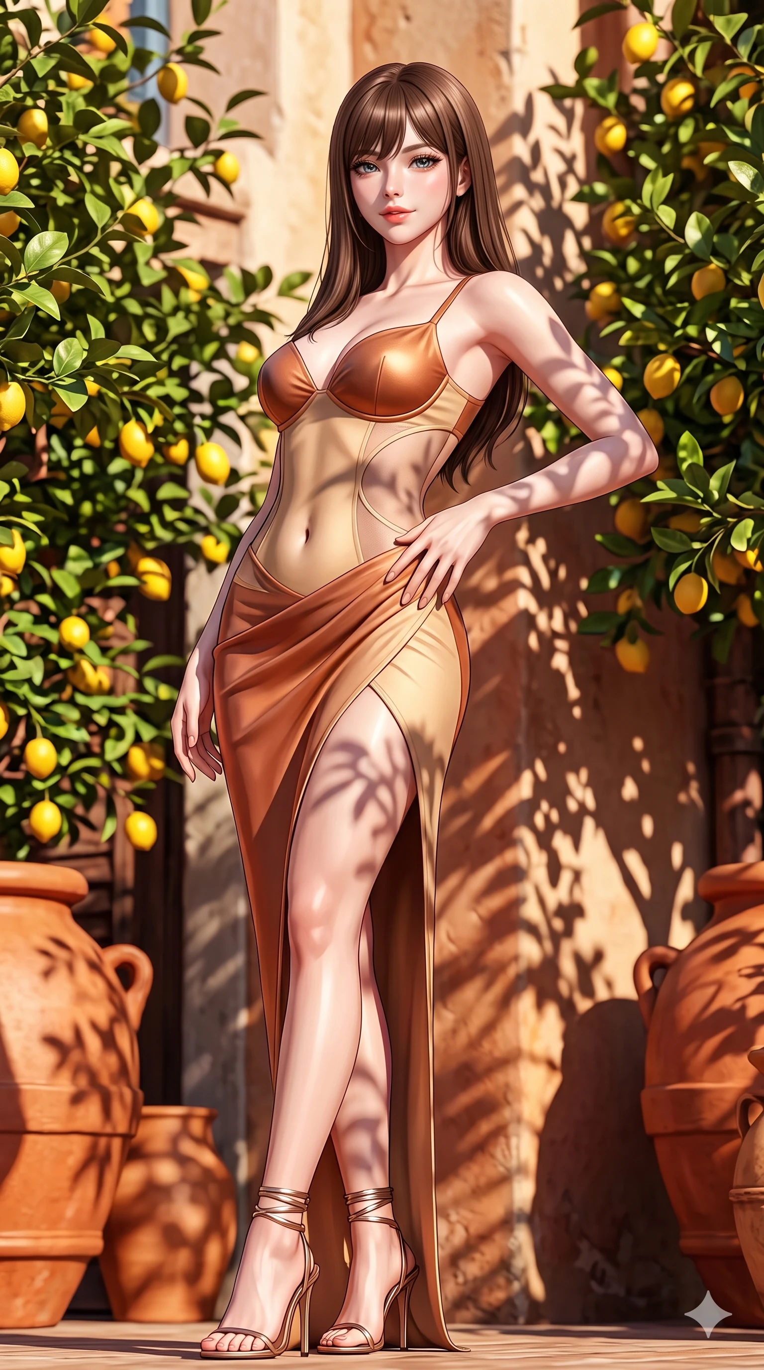 score_9, masterpiece, best quality, ultra-detailed, high-budget anime keyframe, semi-realistic 3D game render, editorial fashion photography, tasteful artistic composition, Korean woman. close-up cowboy shot from the waist and thighs up, the character dominates the composition, filling the frame with her large presence. arching her spine backward with effortless dancer poise, one hand sliding along her hip line as directional light carves specular highlights along her silhouette while twisting her slender torso in an alluring S-curve between terracotta flower urns, dappled citrus leaf shadows tracing her flat midriff and hourglass curves. The surrounding environment is rendered in vivid detail and crisp panoramic clarity: detailed sheer peasant crop blouse tailoring, micro-wrap denim skirt, and Mediterranean coastal architecture in razor-sharp precision. She has an exceptionally elegant, slender, and willowy female figure with an ultra-slim waist, flat toned midriff, narrow ribcage, and sculpted feminine hips creating an alluring, slim hourglass silhouette without bulk. sharp v-shaped jawline, high-bridge nose, sparkling eyes with hypnotic seductive depth, thick curled eyelashes, glossy parted lips with a natural dewy peach sheen, alluring bedroom-eyes with an enchanting coquettish smile, exuding magnetic siren charisma and sophisticated glamour, flawlessly proportioned anatomical accuracy, strict slender model proportions, natural body alignment, perfectly sculpted long slender limbs, ultra-slim waistline, clean dynamic posture without body distortion. wearing an alluring plunging sweetheart bodice dress with sheer mesh side-waist cutouts contouring her ribs in molten metallic copper and radiant beach sand, tailored from second-skin technical compression neoprene with athletic curve-sculpting stretch, complemented by strappy stiletto sandals with metallic ankle wraps accentuating her slender calves, the high-slit wrap tailoring accentuating her ultra-slim waistline and the enchanting curve of her feminine hips with alluring seductive charm. bathed in warm 2900K afternoon sunbeams filtering through dense green lemon foliage creating intricate organic shadow patterns. highly saturated vibrant anime colors, detailed shading with soft gradients, rich glossy textures, high-contrast stereoscopic depth, volumetric dynamic lighting, master piece, 9:16 ratio