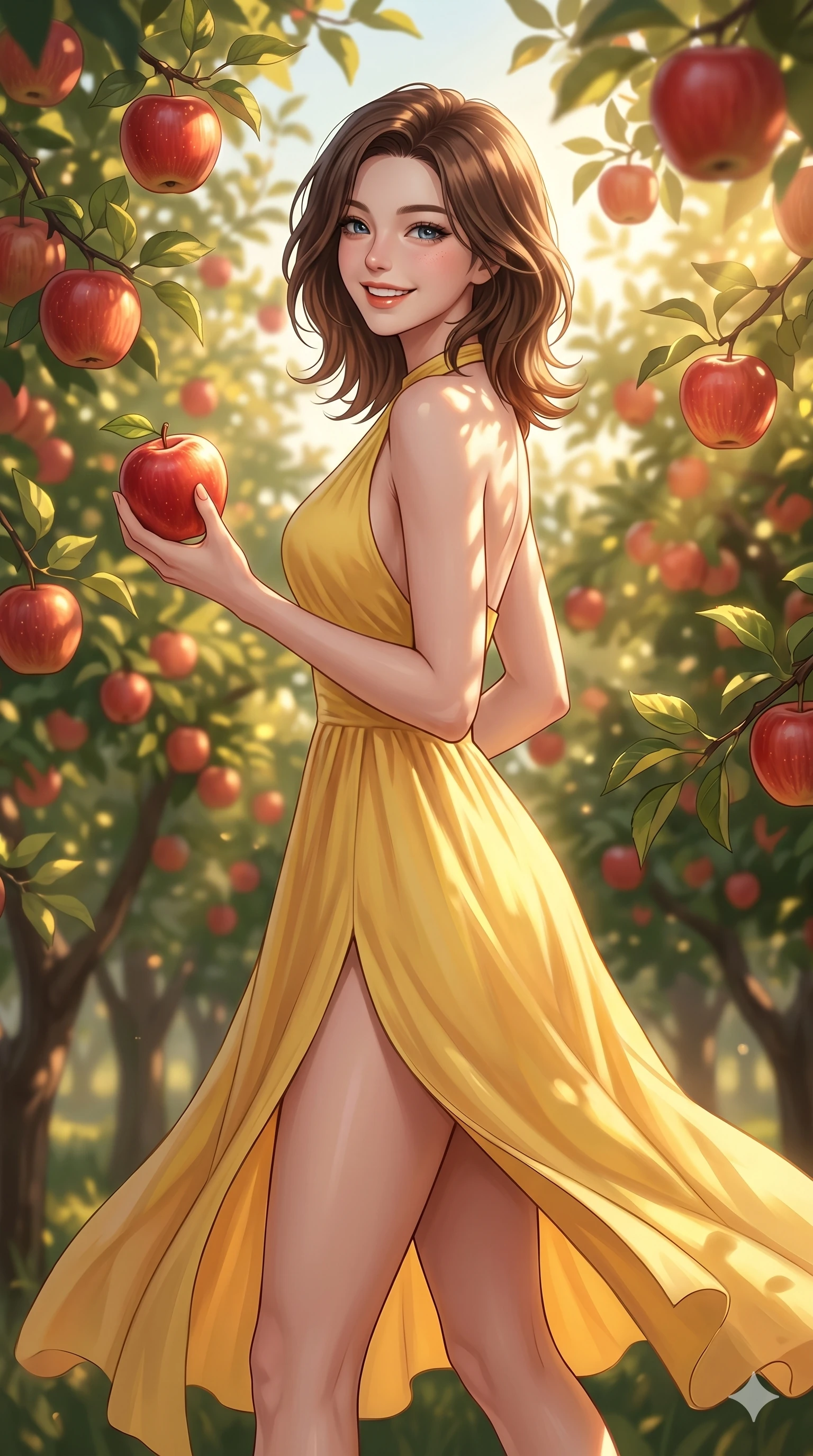 score_9, masterpiece, best quality, ultra-detailed, high-budget anime keyframe, editorial fashion photography, tasteful artistic composition, Korean woman. cowboy shot from the thighs up, character and outfit filling the frame for maximum editorial presence. holding a red apple, looking back with a bright, playful grin and cheerful eyes inside an apple orchard with sunlit red apples hanging from branches. She has an absolutely perfect 8-heads proportion, an exceptionally tall and slender female figure with impossibly long slender legs and an ultra-slim waist. V-shaped jawline, high-bridge nose, intricate jewel-like eyes with depth, thick eyelashes, glossy lips with a natural sheen. wearing a yellow summer dress with a graceful halter neck and a high-cut front slit. bathed in warm afternoon sunbeams filtering through the apple trees, casting soft shadows. 2k, ultra detail, master piece, 9:16 ratio