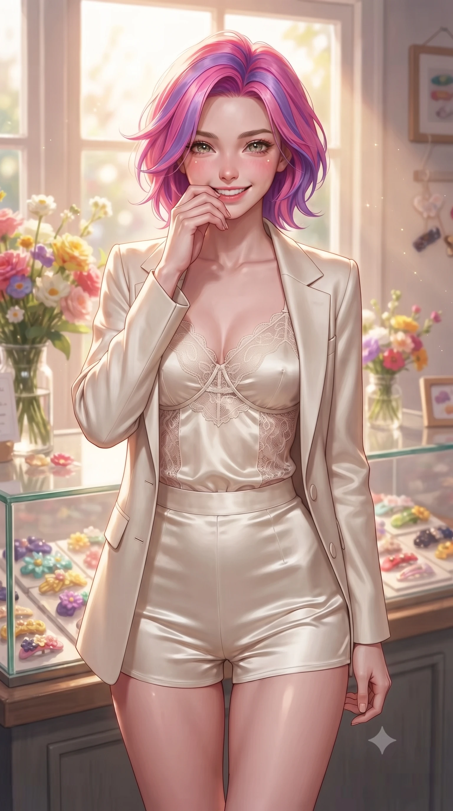 score_9, masterpiece, best quality, ultra-detailed, high-budget anime keyframe, editorial fashion photography, tasteful artistic composition, Caucasian woman. close-up cowboy shot from the waist and thighs up, the character dominates the composition, filling the frame with her large presence, background elements kept in soft focus. giggling cutely behind her hand, her eyes sparkling with joy and bright energy set against a soft-focus background of in front of a small handmade accessory boutique with glass showcases holding a cute handmade ribbon hair clip, looking at the camera. She has an exceptionally elegant, slender, and willowy female figure with an ultra-slim waist, a gracefully sculpted slender torso, and a refined silhouette. sharp v-shaped jawline, high-bridge nose, intricate jewel-like eyes with depth, thick eyelashes, glossy lips with a natural sheen. wearing body-hugging delicate silk camisole with lace panels and a tailored blazer worn open over form-contouring shorts. soft morning sunbeams highlighting the colorful flowers and her face. ultra-reflective glossy finish, specular highlights, metallic sheen, high-contrast stereoscopic depth, volumetric dynamic lighting, 2k, ultra detail, master piece, 9:16 ratio