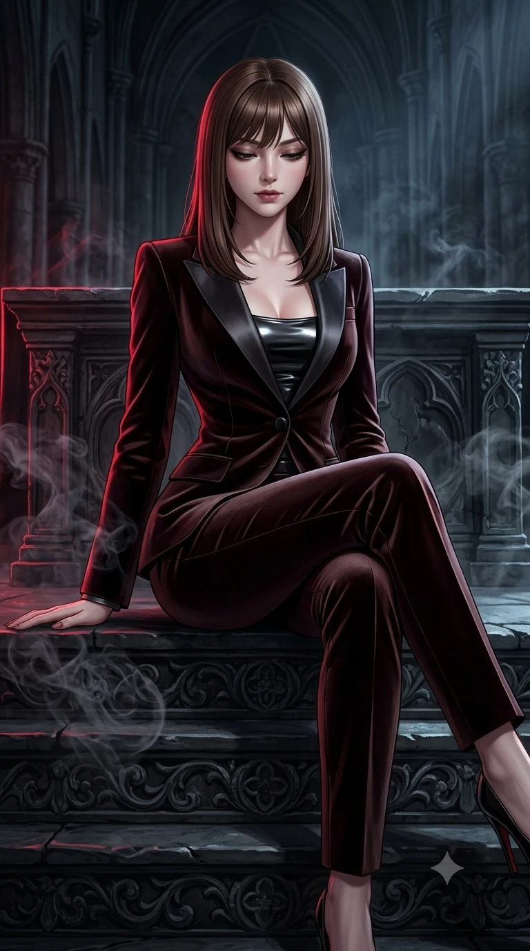 score_9, masterpiece, best quality, ultra-detailed, high-budget anime keyframe, semi-realistic 3D game render, editorial fashion photography, tasteful artistic composition, Korean woman. close-up cowboy shot from the waist and thighs up, the character dominates the composition, filling the frame with her large presence. looking down with lowered lashes and a composed, powerful dark aura, her tailored outfit tracing her curves while perched on the carved altar steps with one knee drawn up, arching her spine with supermodel poise as dark incense swirls around her long legs. The surrounding environment is rendered in vivid detail and crisp panoramic clarity: detailed precision-fitted liquid vinyl dress cling, onyx hardware accents, and gothic architectural lines in razor-sharp precision. She has an exceptionally elegant, slender, and willowy female figure with an ultra-slim waist, flat toned midriff, narrow ribcage, and sculpted feminine hips creating an alluring, slim hourglass silhouette without bulk. sharp v-shaped jawline, high-bridge nose, intricate jewel-like dark sparkling eyes with hypnotic seductive depth, thick curled eyelashes, glossy parted lips with a natural wine sheen, alluring bedroom-eyes with an enigmatic smoldering smile, exuding magnetic sovereign charisma and dark avant-garde glamour, flawlessly proportioned anatomical accuracy, strict slender model proportions, natural body alignment, perfectly sculpted long slender limbs, ultra-slim waistline, clean dynamic posture without body distortion. wearing a refined dark velvet pantsuit with satin lapels and tailored cigarette trousers in dark mahogany and brushed gunmetal, woven from bespoke high-density barathea wool with refined ceremonial hold, adorned with minimalist black onyx hardware framing the silhouette, accentuating her gracefully sculpted slender torso and statuesque proportions. bathed in sharp crimson laser rim light piercing cold midnight shadows and incense smoke. highly saturated vibrant anime colors, detailed shading with soft gradients, rich glossy textures, high-contrast stereoscopic depth, volumetric dynamic lighting, master piece, 9:16 ratio