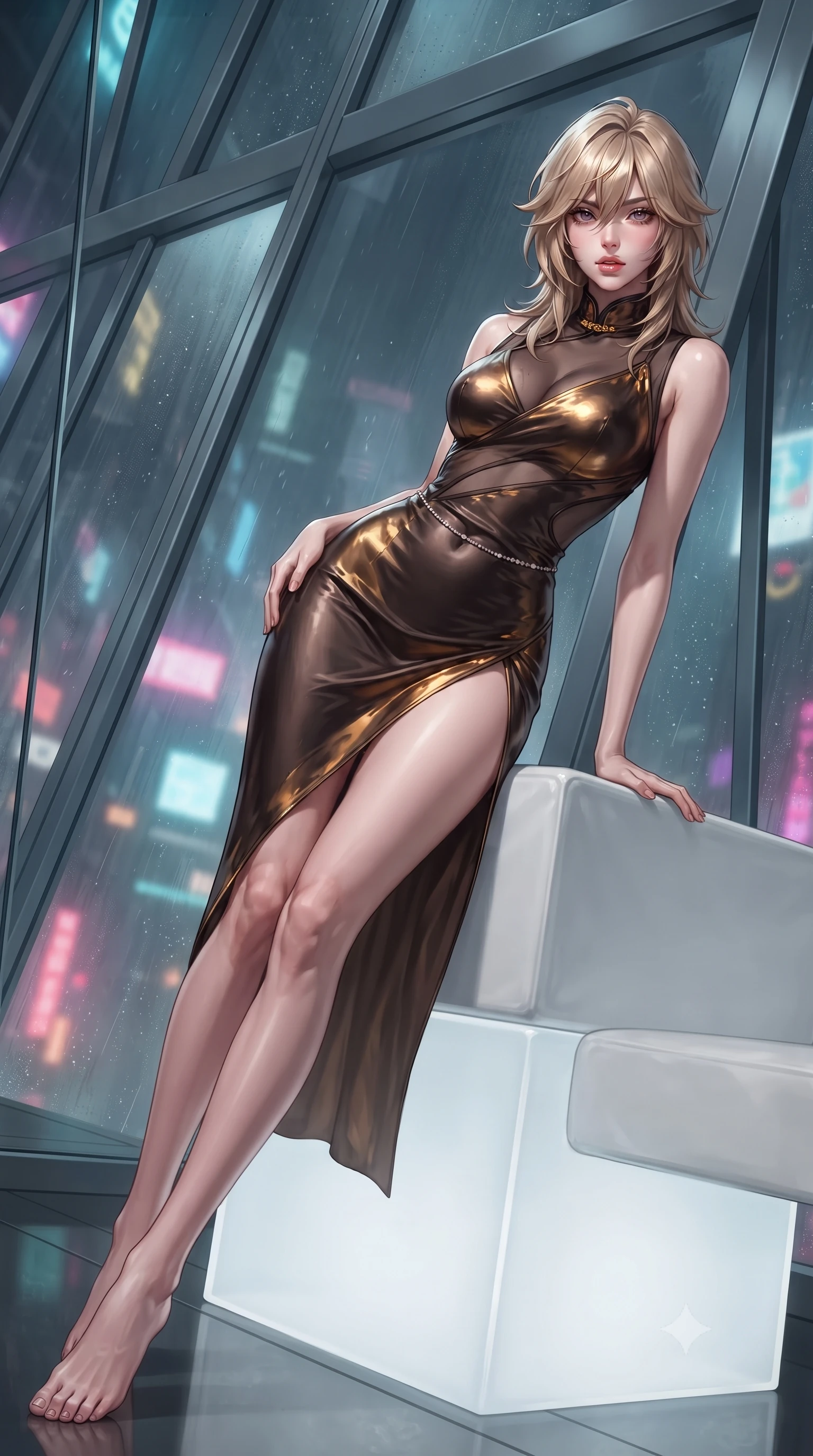 score_9, masterpiece, best quality, ultra-detailed, high-budget anime keyframe, editorial fashion photography, tasteful artistic composition, Japanese woman. low angle full-body shot from head to toe showing her feet, filling the entire 9:16 vertical frame with her statuesque presence, stretching her vertical silhouette. leaning deep against the structural architecture with hips cocked in an unapologetically bold, seductive high-fashion stance while reclining on a minimalist white acrylic cube daybed within the transparent skybox, arching her lower back to display her curvy hips against the neon abyss. The composition keeps background elements in soft focus with creamy bokeh. sleek glasscube structural frame and passing rain clouds softened in futuristic shallow focus. She has an exceptionally tall and slender model-like 8.5-heads proportion, an ultra-slim waist, a flat toned midriff, narrow delicate ribcage, and beautifully sculpted feminine hips creating a graceful, slim hourglass silhouette without any bulky heaviness, with impossibly long slender legs. sharp v-shaped jawline, high-bridge nose, intricate jewel-like eyes with depth, thick eyelashes, glossy parted lips with a natural sheen, intensely captivating and seductive bedroom-eyes expression, flawlessly proportioned anatomical accuracy, strict slender model proportions, natural body alignment, perfectly sculpted long slender limbs, ultra-slim waistline, clean dynamic posture without body distortion. wearing a wet-look silk fusion wrap dress with asymmetrical sheer mesh cutouts and high Mandarin collar in dark espresso brown and molten gold foil, tailored from liquid silk jersey adhering flawlessly to her slender build, accented with a dainty diamond waist chain catching the ambient light reflections, the liquid-tight tailored fabric clinging flawlessly to her narrow waist and rounded feminine hips, emphasizing every millimeter of her sculpted slim hourglass curves without any bulky heaviness. illuminated by wet specular glass bounce lights sculpting her razor-sharp jawline, narrow waist, and curvy hips. ultra-reflective glossy finish, specular highlights, rich textural contrasts, high-contrast stereoscopic depth, volumetric dynamic lighting, 2k, ultra detail, master piece, 9:16 ratio