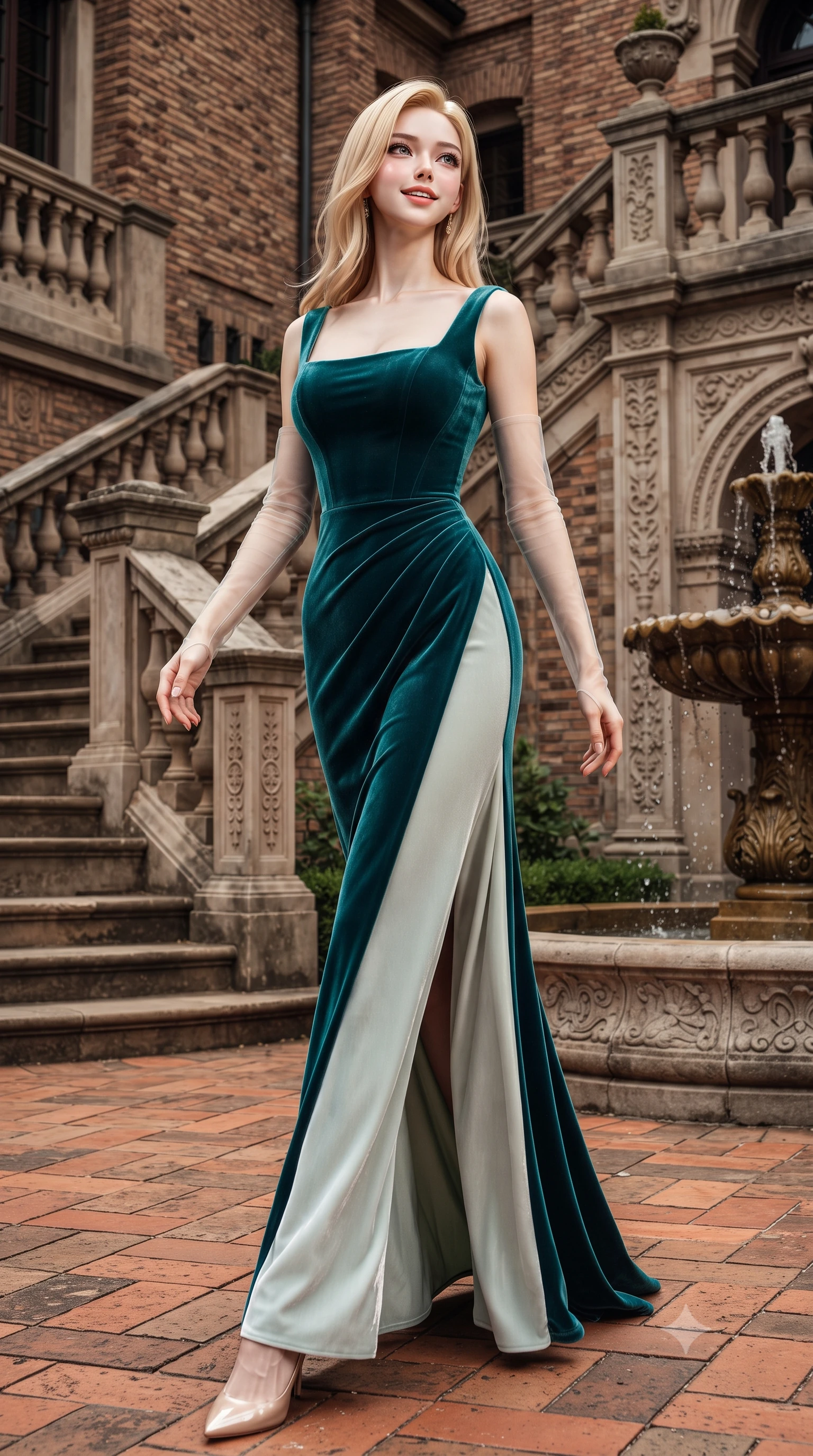 score_9, masterpiece, best quality, ultra-detailed, high-budget anime keyframe, editorial fashion photography, tasteful artistic composition, Korean woman. low angle full-body shot from head to toe showing her feet, filling the entire 9:16 vertical frame with her statuesque presence, stretching her vertical silhouette. sitting poised on the stone steps with one knee bent, arching her spine with supermodel elegance as she glances upward through thick eyelashes while walking slowly across the terracotta tile terrace with tall model strides, evening breezes molding her outfit to her hourglass curves. The surrounding environment is rendered in vivid detail and crisp panoramic clarity: detailed garment cut, fabric draping, and historic revival architecture in high resolution. She has an exceptionally tall and slender model-like 8.5-heads proportion, an ultra-slim waist, a flat toned midriff, narrow delicate ribcage, and beautifully sculpted feminine hips creating a graceful, slim hourglass silhouette without any bulky heaviness, with impossibly long slender legs. sharp v-shaped jawline, high-bridge nose, intricate jewel-like sparkling eyes with depth, thick eyelashes, glossy parted lips with a natural peach sheen, bright cheerful beaming smile with an enchanting and coquettish sensual glint, exuding both youthful cute charm and seductive allure, flawlessly proportioned anatomical accuracy, strict slender model proportions, natural body alignment, perfectly sculpted long slender limbs, ultra-slim waistline, clean dynamic posture without body distortion. wearing a classical Habsburg empire-line pleated velvet evening gown with modest square neckline in Verdon canyon emerald turquoise and dewy alabaster, tailored from ultra-plush silk velvet with rich tactile depth and deep shadow gradients, complemented by sheer opera-length evening gloves tracing her slender arms, the impeccably tailored cut draping gracefully along her slender figure with aristocratic poise. illuminated by fountain water reflection bounce and sharp amber-gold rim lights defining her razor-sharp jawline, narrow waist, and curvy hips. ultra-reflective glossy finish, specular highlights, rich textural contrasts, high-contrast stereoscopic depth, volumetric dynamic lighting, 2k, ultra detail, master piece, 9:16 ratio