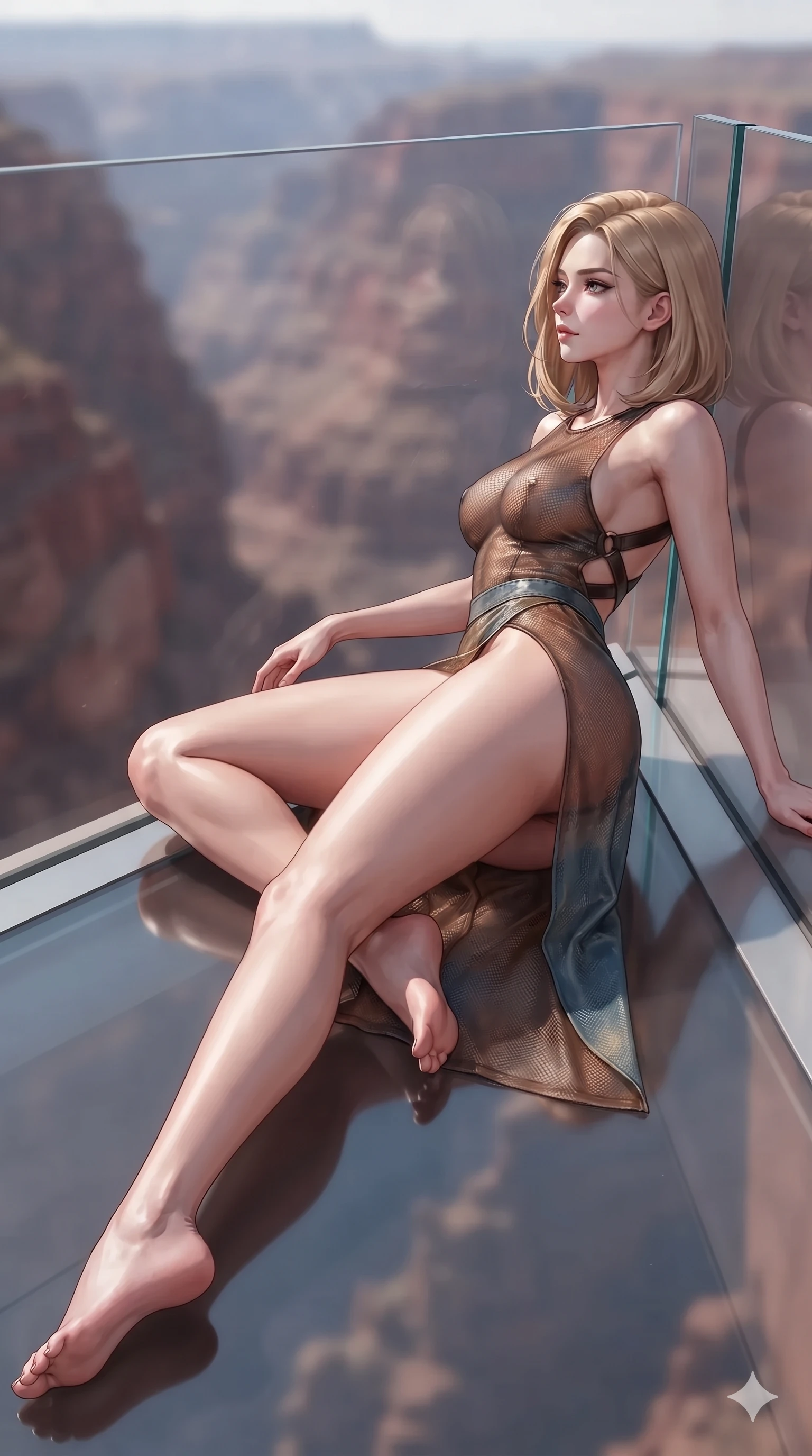score_9, masterpiece, best quality, ultra-detailed, high-budget anime keyframe, editorial fashion photography, tasteful artistic composition, Korean woman. low angle full-body shot from head to toe showing her feet, filling the entire 9:16 vertical frame with her statuesque presence, stretching her vertical silhouette. reclining on her side in an elegant Cleopatra pose with one knee drawn up, the dramatic contour of her rounded hips and long slender legs commanding the 9:16 vertical frame while leaning against the seamless structural glass balustrade with hips cocked back, gazing into the vast red canyon abyss with intoxicating bedroom-eyes. The background shows a soft-focus high-altitude canyon chasm softened in glass skywalk promenade shallow focus. She has an absolutely perfect, statuesque 8.5-heads proportion, an exceptionally tall and slender model-like female figure with impossibly long slender legs, an ultra-slim waist, a flat toned midriff, narrow delicate ribcage, and beautifully sculpted feminine hips creating a graceful, slim hourglass silhouette without any bulky heaviness. sharp v-shaped jawline, high-bridge nose, sparkling eyes with hypnotic seductive depth, thick curled eyelashes, glossy parted lips with a natural dewy peach sheen, alluring bedroom-eyes with an enchanting coquettish smile, exuding magnetic siren charisma and sophisticated glamour, flawlessly proportioned anatomical accuracy, strict slender model proportions, natural body alignment, perfectly sculpted long slender limbs, ultra-slim waistline, clean dynamic posture without body distortion. wearing a delicate semi-translucent wet-look mesh bodysuit clinging sheerly to her sculpted torso and hip curves in distressed whiskey leather brown and sun-bleached denim blue, made of delicate semi-sheer nanotech mesh with airy hexagonal open-weaves, featuring an open-back criss-cross harness strap in dark leather, the high-slit wrap tailoring accentuating her ultra-slim waistline and the enchanting curve of her feminine hips with alluring seductive charm. illuminated by glass floor bounce and sharp gold-cyan rim lights defining her razor-sharp jawline, narrow waist, and curvy hips. ultra-reflective glossy finish, specular highlights, rich textural contrasts, high-contrast stereoscopic depth, volumetric dynamic lighting, 2k, ultra detail, master piece, 9:16 ratio