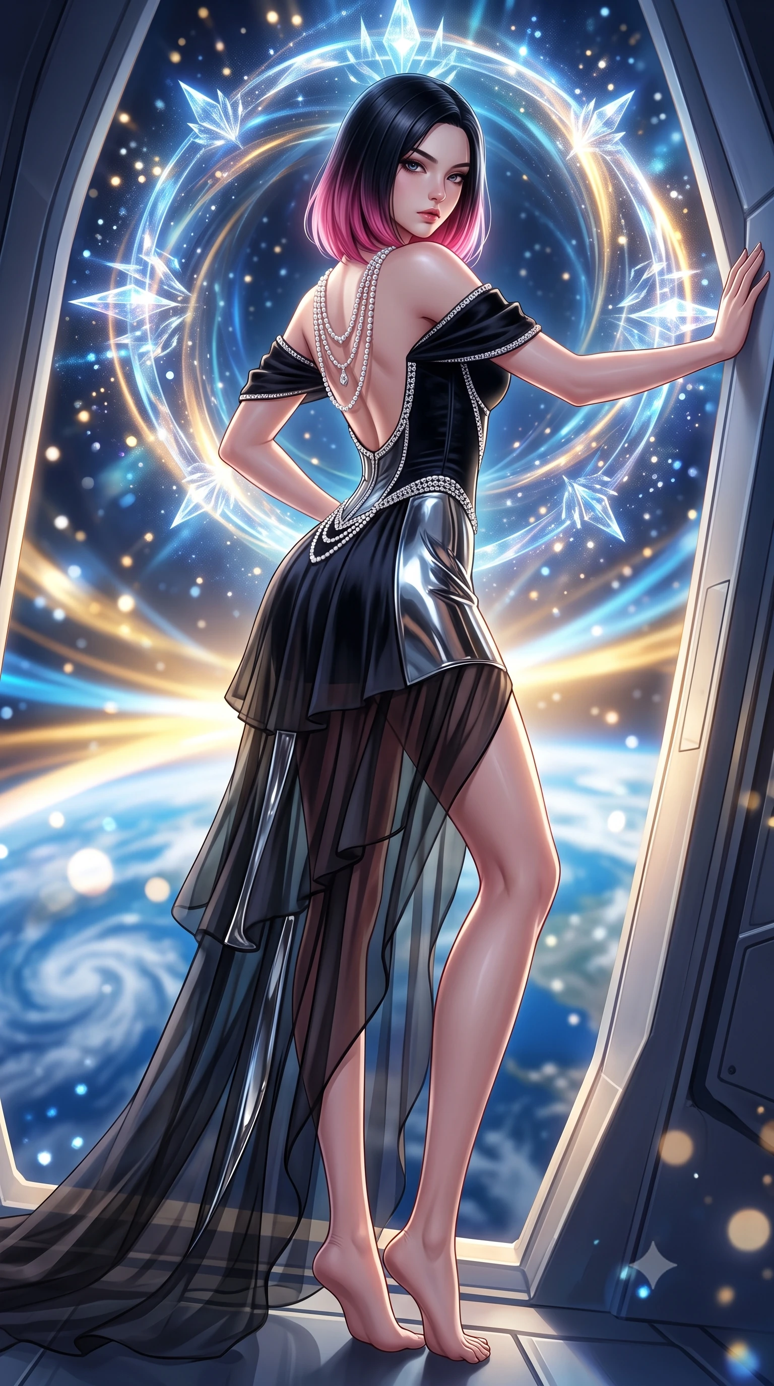 score_9, masterpiece, best quality, ultra-detailed, high-budget anime keyframe, semi-realistic 3D game render, editorial fashion photography, tasteful artistic composition, Korean woman. low angle full-body shot from head to toe showing her feet, filling the entire 9:16 vertical frame with her statuesque presence, stretching her vertical silhouette. leaning deep against the structural architecture with hips cocked in an unapologetically bold, seductive high-fashion stance while pivoting gracefully along the illuminated orbital corridor, her liquid metallic garments clinging to her sculpted flat midriff and feminine hips. The composition keeps background elements in soft focus with creamy bokeh. swirling blue Earth oceans and blinding orbital sunrise ribbons blurred into deep azure, liquid gold, and starlight diamond bokeh. She has an exceptionally tall and slender model-like 8.5-heads proportion, an ultra-slim waist, a flat toned midriff, narrow delicate ribcage, and beautifully sculpted feminine hips creating a graceful, slim hourglass silhouette without any bulky heaviness, with impossibly long slender legs. sharp v-shaped jawline, high-bridge nose, intricate jewel-like eyes with depth, thick eyelashes, glossy parted lips with a natural sheen, intensely captivating and seductive bedroom-eyes expression, flawlessly proportioned anatomical accuracy, strict slender model proportions, natural body alignment, perfectly sculpted long slender limbs, ultra-slim waistline, clean dynamic posture without body distortion. wearing an off-shoulder French court corset bodice dress paired with a tiered translucent chiffon slit skirt in pitch-black velvet with diamond crystal trim, tailored from water-resistant treated wool gabardine and flexible stretch silk, accented with a multi-strand pearl back necklace cascading down her bare spine to her hips, the precision-cut side openings and low-back scoop framing her graceful spine and the sensual sweep of her slim, toned hips. surrounded by a celestial, sovereign, and breathlessly magnificent orbital empress aura. highly saturated vibrant anime colors, detailed shading with soft gradients, rich glossy textures, high-contrast stereoscopic depth, volumetric dynamic lighting, master piece, 9:16 ratio