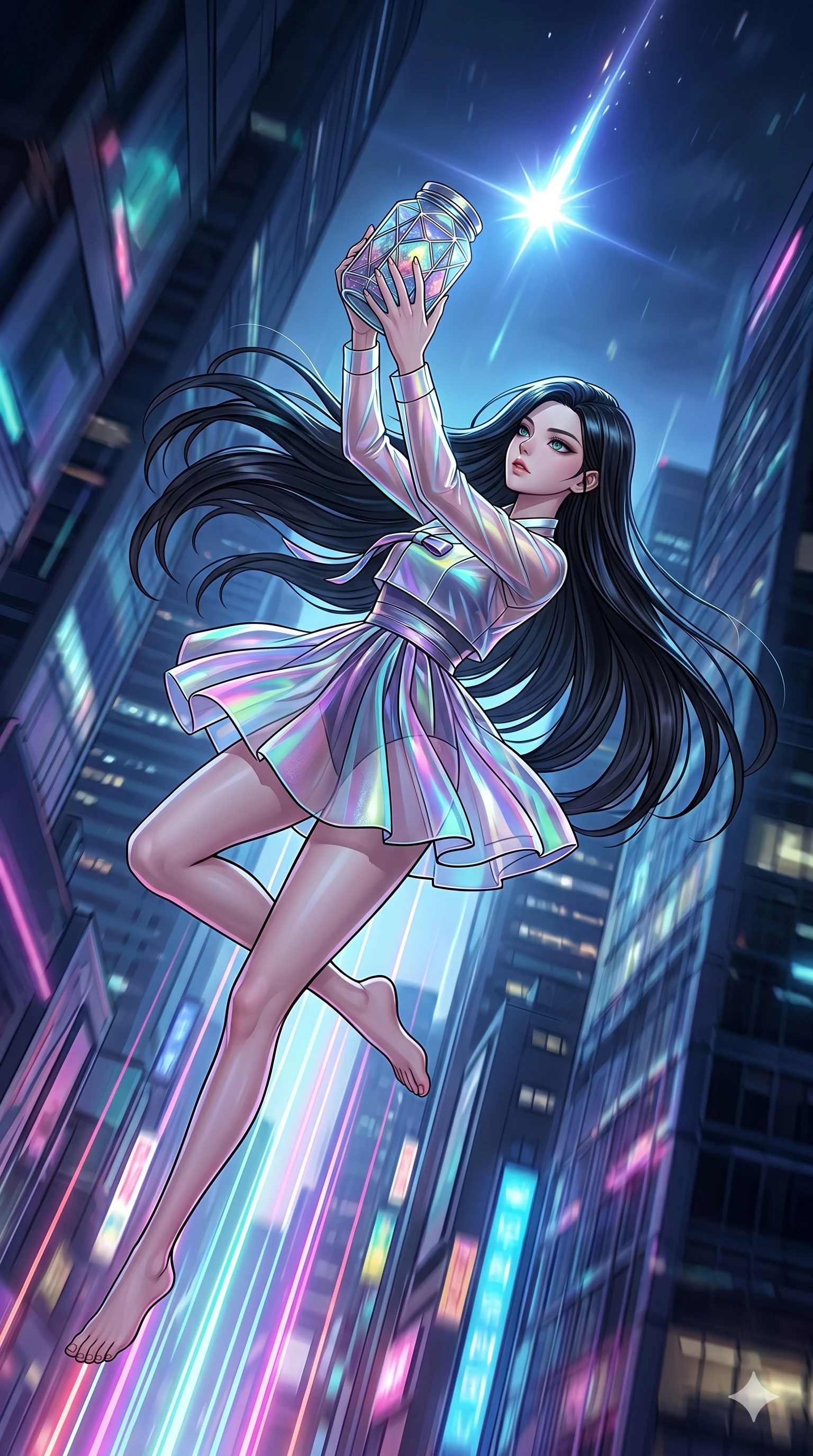 score_9, masterpiece, best quality, ultra-detailed, high-budget anime movie keyframe, cinematic anime lighting, intricate line art, Korean anime girl. Dynamic full-body shot stretching the vertical silhouette with extreme perspective. twisting in mid-air to catch a falling star in a jar. She has an absolutely perfect 8-heads proportion, an exceptionally tall and slender female figure with an ultra-slim waist and impossibly long slender legs. strictly human anatomy, two legs only, no extra limbs, clearly defined legs and arms, perfect anatomy, perfect hands and fingers. sharp v-shaped jawline, high-bridge nose, intricate jewel-like eyes, thick eyelashes, glossy lips. Wearing Modern Traditional: Shortened cyber-hanbok with fusion silk robes and transparent panels. The scene is illuminated by dramatic atmospheric lighting and vibrant color palettes. , 2k, ultra detail, master piece, 9:16 ratio