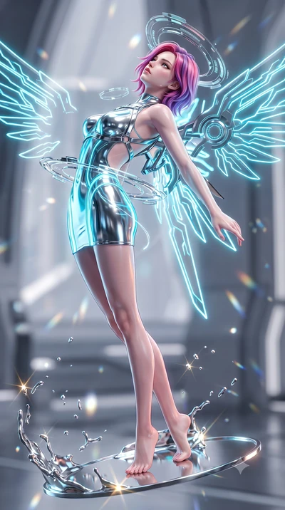 score_9, masterpiece, best quality, ultra-detailed, high-budget anime keyframe, semi-realistic 3D game render, editorial fashion photography, tasteful artistic composition, Caucasian woman. low angle full-body shot from head to toe showing her feet, 
