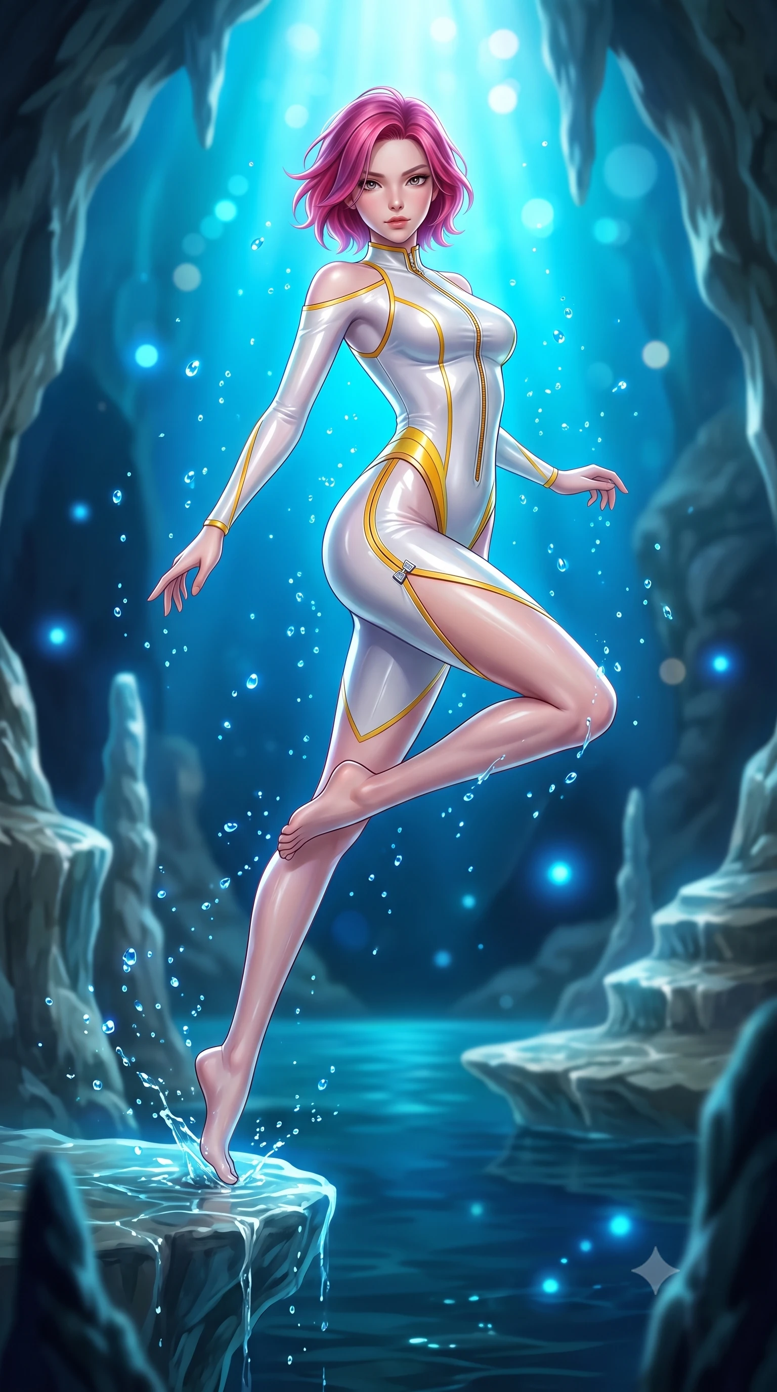 score_9, masterpiece, best quality, ultra-detailed, high-budget anime keyframe, semi-realistic 3D game render, editorial fashion photography, tasteful artistic composition, Caucasian woman. low angle full-body shot from head to toe showing her feet, filling the entire 9:16 vertical frame with her statuesque presence, stretching her vertical silhouette. leaping through mid-air with an athletic yet alluring arch of her spine, her impossibly long slender legs stretched in flawless poise while pivoting dynamically on a submerged limestone shelf as water droplets sparkle like glowing sapphires in the cavern gloom. The composition keeps background elements in soft focus with creamy bokeh. sparkling water droplets scattering glowing blue light motes across a dark backdrop. She has an absolutely perfect, statuesque 8.5-heads proportion, an exceptionally tall and slender model-like female figure with impossibly long slender legs, a toned flat midriff, and an ultra-slim waist. sharp v-shaped jawline, high-bridge nose, intricate jewel-like eyes with depth, thick eyelashes, glossy lips with a natural sheen, flawlessly proportioned anatomical accuracy, strict slender model proportions, natural body alignment, perfectly sculpted long slender limbs, ultra-slim waistline, clean dynamic posture without body distortion. wearing a glossy white second-skin latex bodysuit with high-thigh cuts, exposed clavicle neckline, and gleaming zipper details in vibrant sunburst canary yellow and gold trim, made of liquid metal jersey that clings flawlessly to every contour of her build, finished with an ultra-high side slit secured by miniature magnetic clasps, the precision-cut daring openings accentuating her delicate midriff, graceful bare collarbones, and ultra-slim feminine waistline. bathed in brilliant natural neon-azure underwater backlighting and shimmering water caustics. highly saturated vibrant anime colors, detailed shading with soft gradients, rich glossy textures, high-contrast stereoscopic depth, volumetric dynamic lighting, master piece, 9:16 ratio