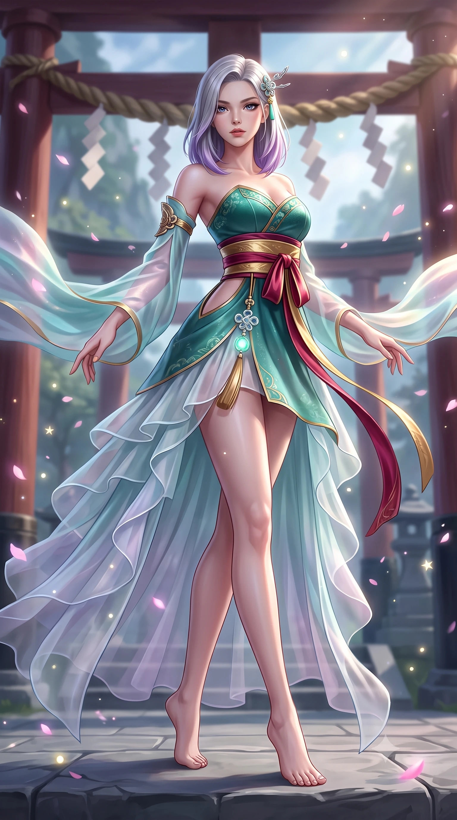 score_9, masterpiece, best quality, ultra-detailed, high-budget anime keyframe, semi-realistic 3D game render, editorial fashion photography, tasteful artistic composition, Caucasian woman. low angle full-body shot from head to toe showing her feet, filling the entire 9:16 vertical frame with her statuesque presence, stretching her vertical silhouette. pivoting dynamically with supreme athletic balance and poise, her impossibly long slender legs creating a breathtaking line while pivoting dynamically as sacred shimenawa ropes sway in the mountain wind, her flowing silk sleeves catching the celestial glow. The composition keeps background elements in soft focus with creamy bokeh. drifting sakura petals and floating star particles scattering magical glowing light motes. She has an absolutely perfect, statuesque 8.5-heads proportion, an exceptionally tall and slender model-like female figure with impossibly long slender legs, a toned flat midriff, and an ultra-slim waist. sharp v-shaped jawline, high-bridge nose, intricate jewel-like eyes with depth, thick eyelashes, glossy lips with a natural sheen, captivating and magnetic expression, flawlessly proportioned anatomical accuracy, strict slender model proportions, natural body alignment, perfectly sculpted long slender limbs, ultra-slim waistline, clean dynamic posture without body distortion. wearing a jade-inlaid silk bustier dress with multi-tiered translucent organza train and metallic sash in imperial gold and deep crimson silk, tailored from crisp ceremonial cotton and multi-layered translucent chiffon, accented with a glowing metallic norigae knot charm and silver hairpin, the precision-cut daring openings accentuating her delicate midriff, graceful bare collarbones, and ultra-slim feminine waistline. surrounded by a divine, mystical, and spiritually transcendent shrine maiden sovereign aura. highly saturated vibrant anime colors, detailed shading with soft gradients, rich glossy textures, high-contrast stereoscopic depth, volumetric dynamic lighting, master piece, 9:16 ratio