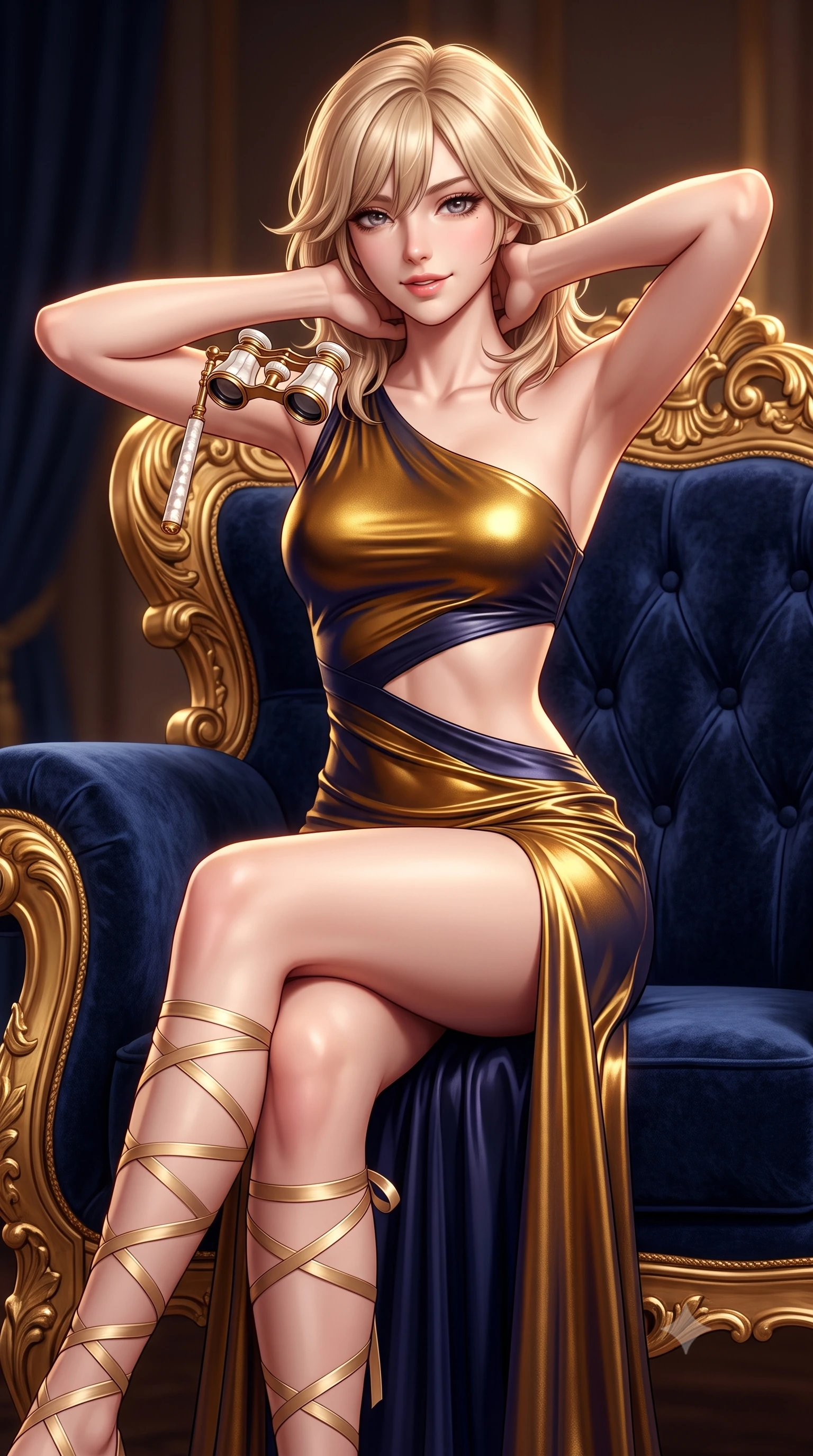score_9, masterpiece, best quality, ultra-detailed, high-budget anime keyframe, semi-realistic 3D game render, editorial fashion photography, tasteful artistic composition, Japanese woman. close-up cowboy shot from the waist and thighs up, the character dominates the composition, filling the frame with her large presence. resting both hands lightly behind her neck with elbows raised, arching her spine to highlight her narrow waist, flat midriff, and breathtaking collarbones while sitting perched on the arm of the gilded baroque chair, holding an antique pearl opera glass with effortless coquettish charm. The surrounding environment is rendered in vivid detail and crisp panoramic clarity: sharp deep-pile velvet fabric texture, gilded wood relief carvings, and mother-of-pearl opera glass clarity in deep focus. She has an exceptionally elegant, slender, and willowy female figure with an ultra-slim waist, flat toned midriff, narrow ribcage, and sculpted feminine hips creating an alluring, slim hourglass silhouette without bulk. sharp v-shaped jawline, high-bridge nose, sparkling eyes with hypnotic seductive depth, thick curled eyelashes, glossy parted lips with a natural dewy peach sheen, alluring bedroom-eyes with an enchanting coquettish smile, exuding magnetic siren charisma and sophisticated glamour, flawlessly proportioned anatomical accuracy, strict slender model proportions, natural body alignment, perfectly sculpted long slender limbs, ultra-slim waistline, clean dynamic posture without body distortion. wearing an asymmetric one-shoulder liquid jersey dancer gown with dramatic hip-high slit and waist cutout in molten liquid gold and midnight indigo, woven from buttery-soft stretch lambskin leather adhering to her body like a second skin, finished with delicate satin ballet ribbon ties criss-crossing up her slender calves to the knee, the second-skin tailored fabric adhering flawlessly to her sculpted flat midriff and slender torso, emphasizing her long leg lines and perfectly proportioned willowy build. illuminated by velvet bounce fill and sharp warm-gold rim lights defining her delicate clavicles, narrow waist, and curvaceous hips. highly saturated vibrant anime colors, detailed shading with soft gradients, rich glossy textures, high-contrast stereoscopic depth, volumetric dynamic lighting, master piece, 9:16 ratio