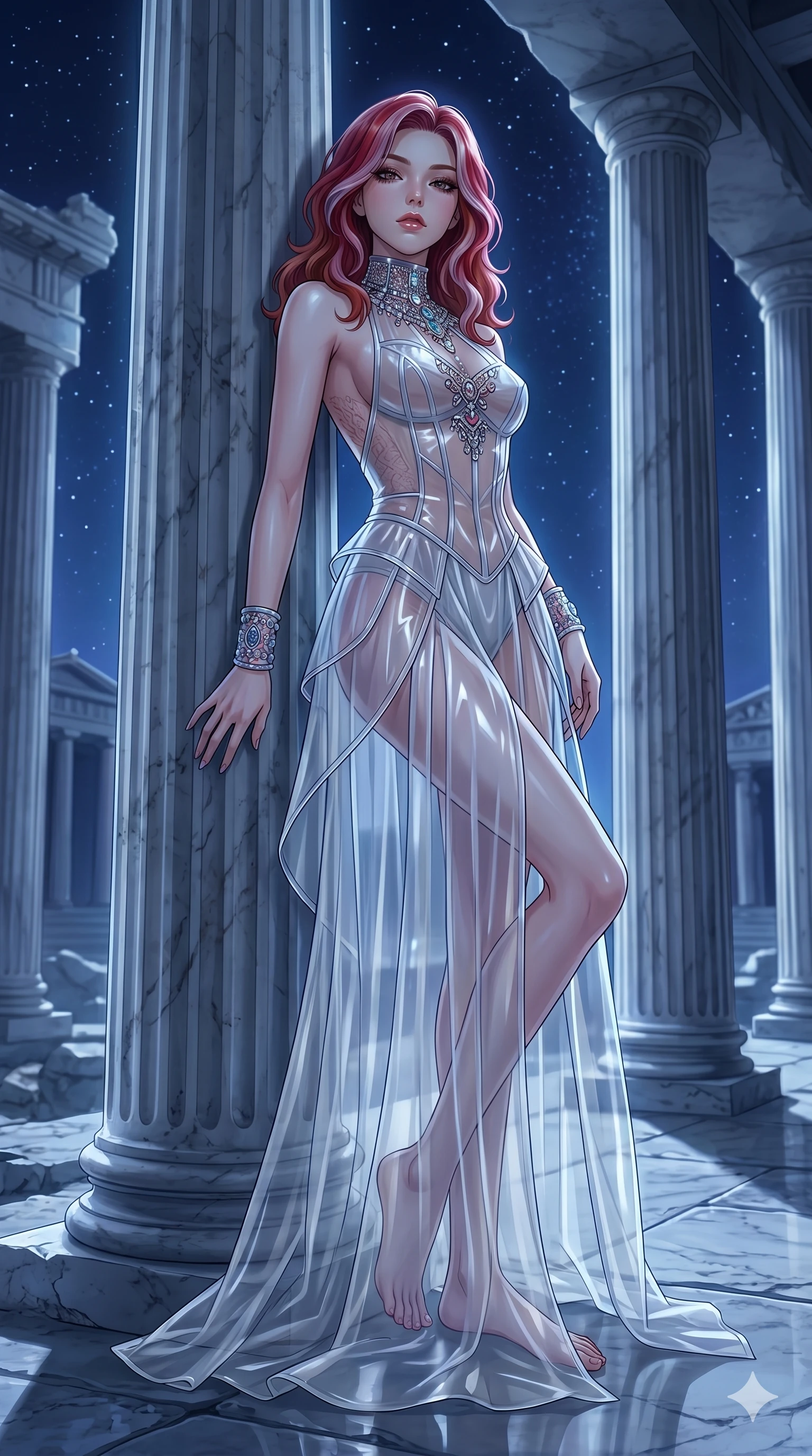 score_9, masterpiece, best quality, ultra-detailed, High-budget Anime Keyframe, East Asian woman. Low angle cowboy shot filling the entire 9:16 frame with her statuesque presence. Scenario 243: Leaning against a cold marble pillar in a moonlit greek temple. Her presence is magnetic and overpowering in this high-budget anime scene. Outfit 243: A translucent PVC liquid with a backless design and translucent layers. The clothing is designed to emphasize her exceptionally tall and slender 8-heads proportion. 8-heads proportion, towering silhouette, ultra-slim waist. sharp v-shaped jawline, intricate jewel-like eyes with depth, thick eyelashes, glossy lips. 2k, ultra detail, master piece, 9:16 ratio