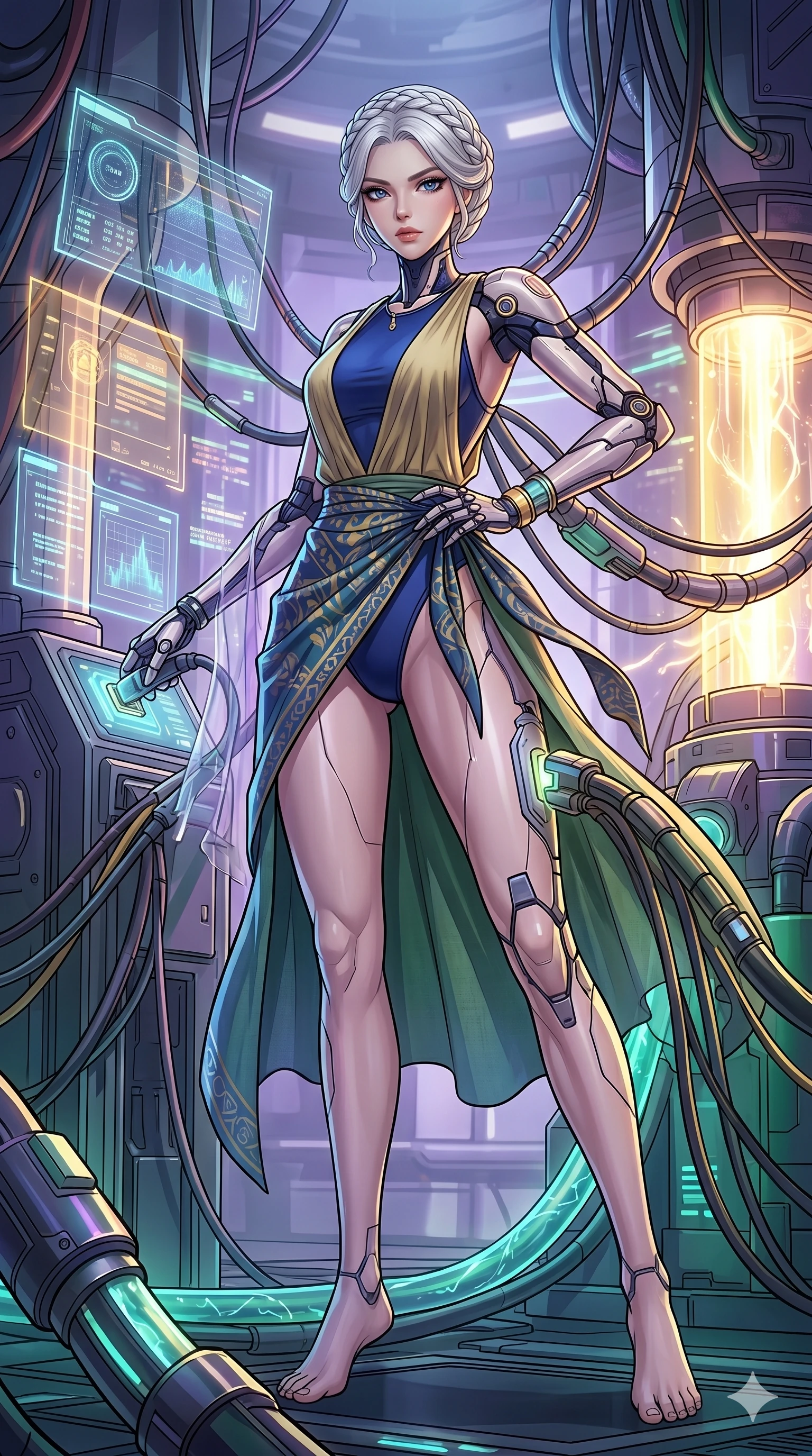 score_9, masterpiece, best quality, ultra-detailed, high-budget anime movie keyframe, cinematic anime lighting, intricate line art, Korean anime girl. Low angle cowboy shot capturing a powerful motion and statuesque presence. recharging her cybernetic limbs at a high-speed power station. She has an absolutely perfect 8-heads proportion, an exceptionally tall and slender female figure with an ultra-slim waist and impossibly long slender legs. strictly human anatomy, two legs only, no extra limbs, clearly defined legs and arms, perfect anatomy, perfect hands and fingers. sharp v-shaped jawline, high-bridge nose, intricate jewel-like eyes, thick eyelashes, glossy lips. Wearing Seasonal/Resort: High-cut one-piece with sarong, linen sundress with tie-back, and sheer fabric wrap. The scene is illuminated by dramatic atmospheric lighting and vibrant color palettes. , 2k, ultra detail, master piece, 9:16 ratio