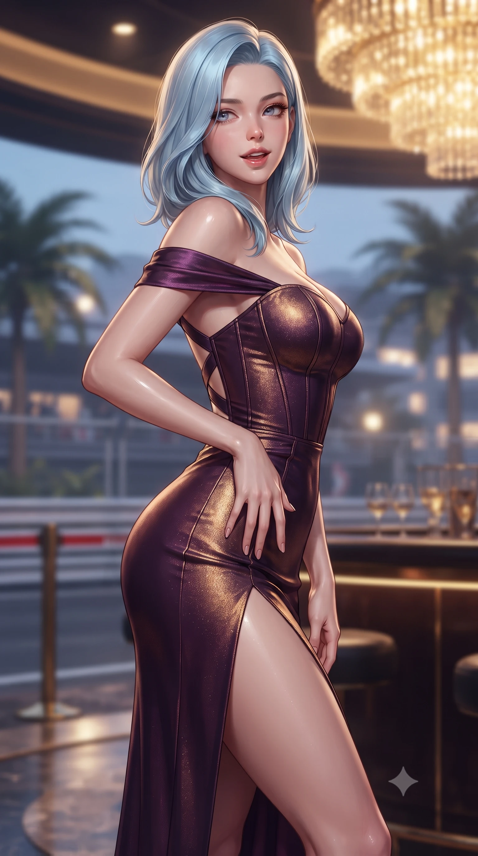 score_9, masterpiece, best quality, ultra-detailed, high-budget anime keyframe, editorial fashion photography, tasteful artistic composition, Korean woman. close-up cowboy shot from the waist and thighs up, the character dominates the composition, filling the frame with her large presence. resting one manicured hand delicately on her hip bone, her upper body turning in a fluid, seductive S-curve while parted lips glisten in the light while twisting her slender torso in a deep contrapposto stance beside the private casino bar, glancing over her shoulder with an audacious, teasing smirk. The composition keeps background elements in soft focus with creamy bokeh. grand prix circuit barriers and terrace palm trees softened in glamorous shallow focus. She has an exceptionally elegant, slender, and willowy female figure with an ultra-slim waist, a gracefully sculpted slender torso, toned flat midriff, and rounded feminine hips creating an alluring hourglass silhouette. sharp v-shaped jawline, high-bridge nose, intricate jewel-like eyes with depth, thick eyelashes, glossy parted lips with a natural sheen, intensely captivating and seductive bedroom-eyes expression, flawlessly proportioned anatomical accuracy, strict slender model proportions, natural body alignment, perfectly sculpted long slender limbs, ultra-slim waistline, clean dynamic posture without body distortion. wearing a statuesque off-shoulder evening dress with a boned corset bodice and bodycon silhouette in deep plum violet and antique bronze, crafted from luxurious metallic lamé that shifts radiance with every step, finished with criss-cross back satin straps highlighting her graceful shoulder blades, the glove-like aerodynamic silhouette tightly following the natural contour of her hips and long slender legs with statuesque precision. bathed in opulent golden casino chandelier light and cool Mediterranean twilight ambient fill. ultra-reflective glossy finish, specular highlights, rich textural contrasts, high-contrast stereoscopic depth, volumetric dynamic lighting, 2k, ultra detail, master piece, 9:16 ratio