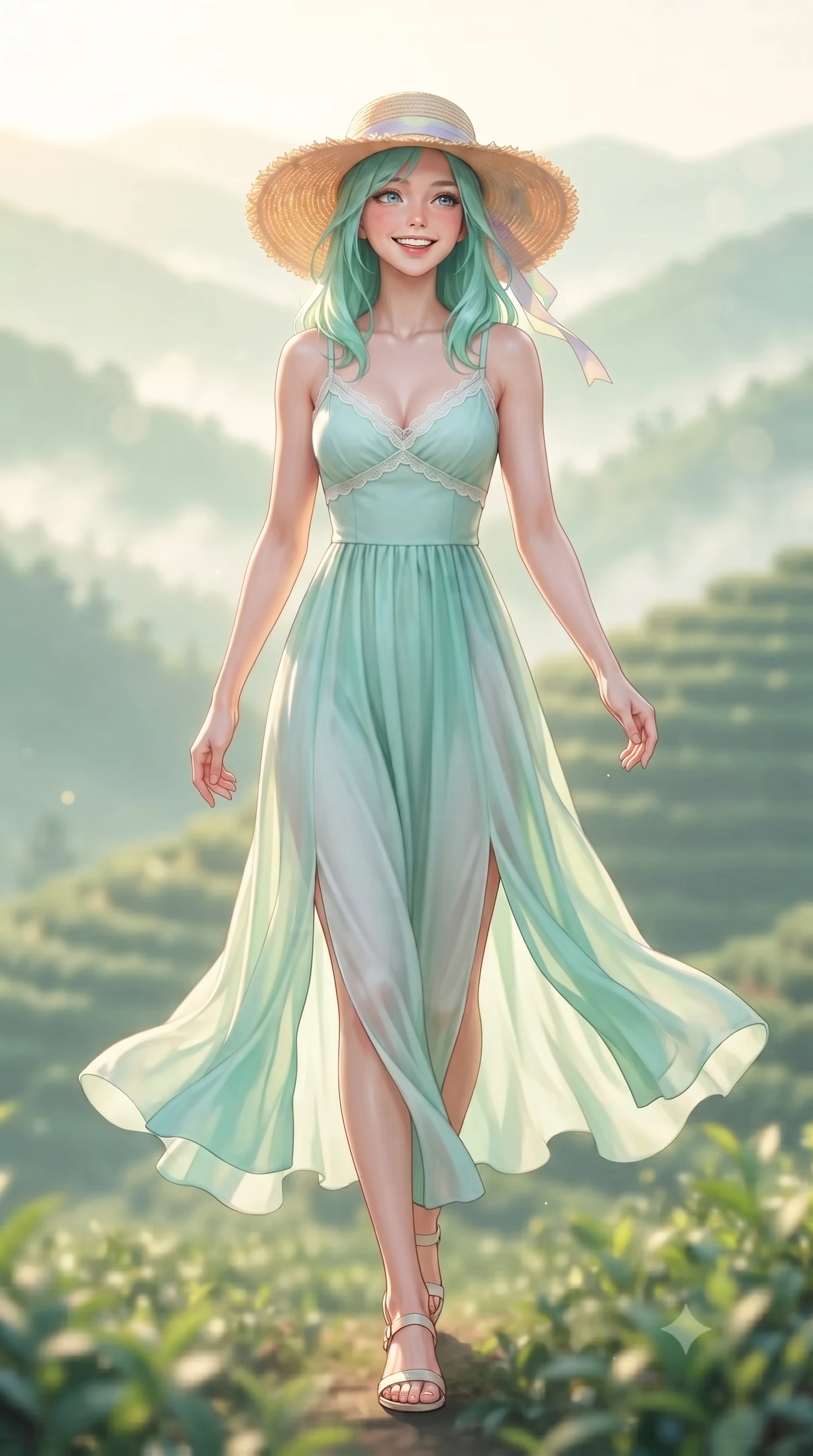 score_9, masterpiece, best quality, ultra-detailed, high-budget anime keyframe, editorial fashion photography, tasteful artistic composition, Japanese woman. low angle full-body shot from head to toe showing her feet, filling the entire 9:16 vertical frame with her statuesque presence, stretching her vertical silhouette. walking forward in a cheerful, dynamic stride with a radiant beaming smile, her statuesque silhouette filling the frame while gazing across layers of misty mountain ridges with sparkling, hopeful eyes and a radiant expression. The composition keeps background elements in soft focus with creamy bokeh. curling morning mist layers and terraced emerald tea ridges blurred into soft pastel green and golden dawn bokeh. She has an absolutely perfect, statuesque 8.5-heads proportion, an exceptionally tall and slender model-like female figure with impossibly long slender legs, a toned flat midriff, and an ultra-slim waist. sharp v-shaped jawline, high-bridge nose, intricate jewel-like eyes with depth, thick eyelashes, glossy lips with a natural sheen, pure and lovely fresh girlhood expression, flawlessly proportioned anatomical accuracy, strict slender model proportions, natural body alignment, perfectly sculpted long slender limbs, ultra-slim waistline, clean dynamic posture without body distortion. wearing a flowy silk-chiffon maxi dress with a gentle side slit and fluttering hemline in refreshing mint green and crisp sea-salt white, made of comfortable premium stretch denim and airy cotton-jersey, paired with a wide-brim woven straw hat tied with a pastel ribbon, the tailored casual silhouette highlighting her fresh and youthful presence and perfectly proportioned slender frame. illuminated by gentle morning sunbeams casting a warm, dewy glow on her skin and attire. ultra-reflective glossy finish, specular highlights, rich natural textures, high-contrast stereoscopic depth, volumetric dynamic lighting, 2k, ultra detail, master piece, 9:16 ratio
