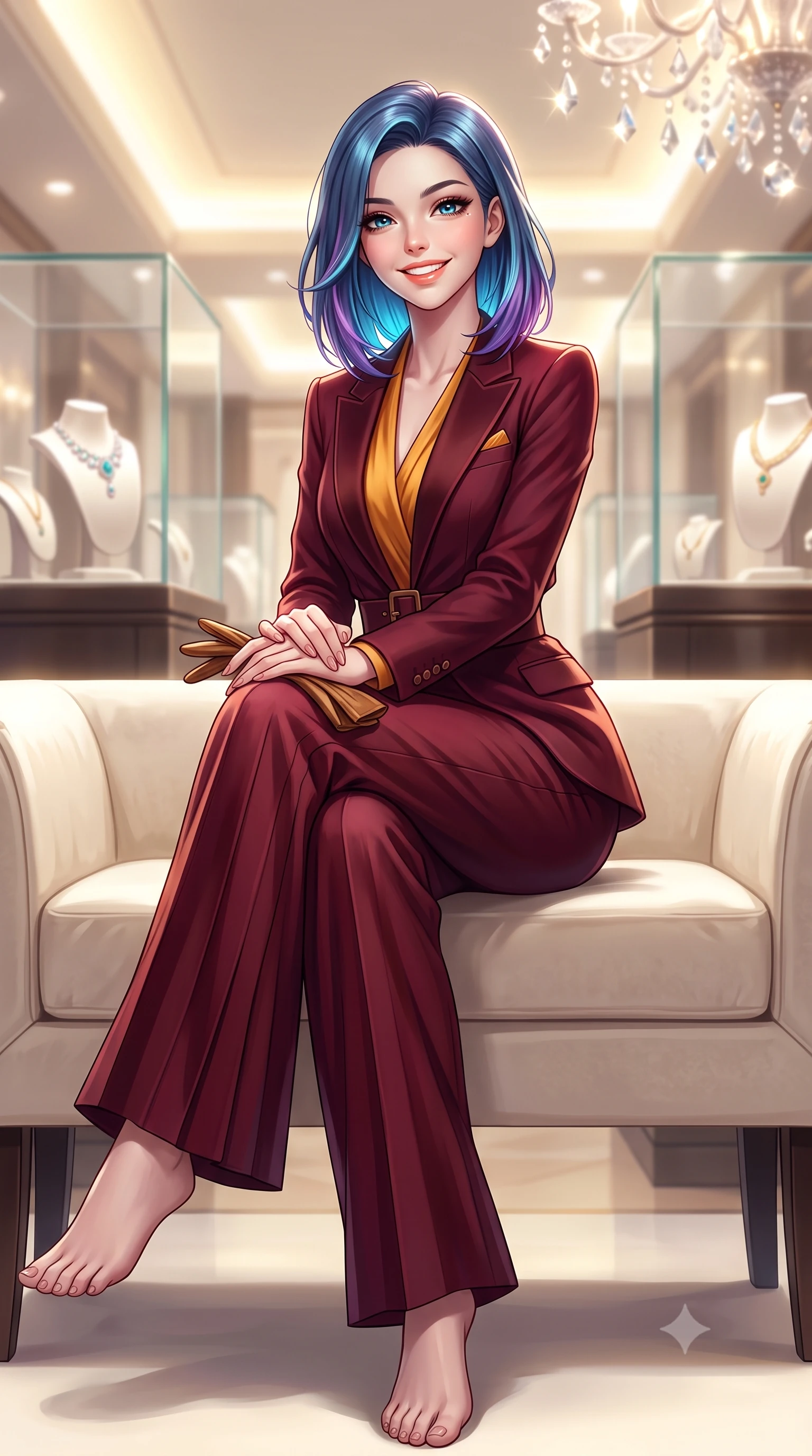 score_9, masterpiece, best quality, ultra-detailed, high-budget anime keyframe, semi-realistic 3D game render, editorial fashion photography, tasteful artistic composition, Caucasian woman. low angle full-body shot from head to toe showing her feet, filling the entire 9:16 vertical frame with her statuesque presence, stretching her vertical silhouette. pausing along the promenade and turning back toward the camera with an infectious, delightful smile and perfect posture while sitting poised on an ivory velvet banquette with hands folded neatly in her lap, exuding impeccable French haute-couture elegance. The background shows a soft-focus glass display cases with luxury jewels softened in opulent Parisian palace shallow focus. She has an exceptionally tall and slender model-like 8.5-heads proportion, an ultra-slim waist, a flat toned midriff, narrow delicate ribcage, and beautifully sculpted feminine hips creating a graceful, slim hourglass silhouette without any bulky heaviness, with impossibly long slender legs. sharp v-shaped jawline, high-bridge nose, intricate jewel-like sparkling eyes with depth, thick eyelashes, glossy parted lips with a natural peach sheen, bright cheerful beaming smile with an enchanting and coquettish sensual glint, exuding both youthful cute charm and seductive allure, flawlessly proportioned anatomical accuracy, strict slender model proportions, natural body alignment, perfectly sculpted long slender limbs, ultra-slim waistline, clean dynamic posture without body distortion. wearing a chic tailored smoking jacket blazer paired with fluid pleated palazzo trousers and a silk blouse base in rich Oxford burgundy and golden amber, tailored from fine wool gabardine with crisp permanent pleats and sharp drape, complemented by buttery leather gloves held delicately in one manicured hand, the structured cinched belt emphasizing her narrow waistline and gracefully balanced proportions with timeless haute-couture polish. bathed in brilliant 3500K warm-white cove illumination and glittering multi-faceted crystal chandelier reflections. highly saturated vibrant anime colors, detailed shading with soft gradients, rich glossy textures, high-contrast stereoscopic depth, volumetric dynamic lighting, master piece, 9:16 ratio