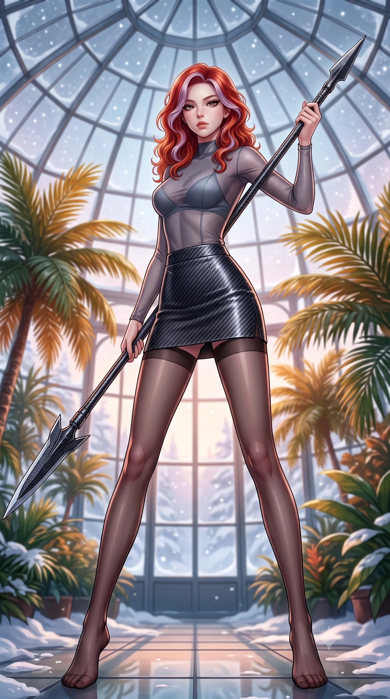 score_9, masterpiece, best quality, ultra-detailed, high-budget anime keyframe, editorial fashion photography, tasteful artistic composition, Caucasian woman. low angle full-body shot from head to toe showing her feet, filling the entire 9:16 vertical frame with her statuesque presence, stretching her vertical silhouette. standing in a dynamic combat stance with a carbon-fiber spear held diagonally, stretching her statuesque body, the background shows a soft-focus a glass greenhouse dome built in a snowy biome, filled with warm tropical palms. She has an absolutely perfect, statuesque 8.5-heads proportion, an exceptionally tall and slender model-like female figure with impossibly long slender legs and an ultra-slim waist. sharp v-shaped jawline, high-bridge nose, intricate jewel-like eyes with depth, thick eyelashes, glossy lips with a natural sheen. wearing a tailored semi-transparent mesh top in slate grey, paired with a carbon-fiber mini skirt and sheer stockings. soft silver starlight filtering through glass panels, creating a cool ambient glow. highly saturated vibrant anime colors, detailed shading with soft gradients, rich glossy textures, high-contrast stereoscopic depth, volumetric dynamic lighting, master piece, 9:16 ratio