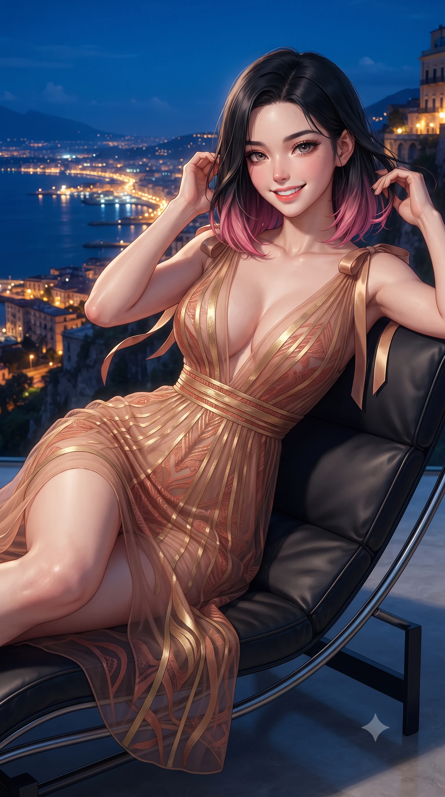 score_9, masterpiece, best quality, ultra-detailed, high-budget anime keyframe, editorial fashion photography, tasteful artistic composition, Korean woman. close-up cowboy shot from the waist and thighs up, the character dominates the composition, filling the frame with her large presence. gently brushing a lock of hair behind her ear while casting a playful, flirtatious side-gaze with long eyelashes while lounging in the modern minimalist leather lounge seat propped on one elbow, her statuesque 8.5-heads silhouette commanding the nocturnal Bay of Naples. The surrounding environment is rendered in vivid detail and crisp panoramic clarity: detailed alluring sheer illusion mesh gown, liquid silver ribbons contouring flat midriff, and cliffside engineering in high resolution. She has an exceptionally elegant, slender, and willowy female figure with an ultra-slim waist, flat toned midriff, narrow ribcage, and sculpted feminine hips creating an alluring, slim hourglass silhouette without bulk. sharp v-shaped jawline, high-bridge nose, intricate jewel-like sparkling eyes with depth, thick eyelashes, glossy parted lips with a natural peach sheen, bright cheerful beaming smile with an enchanting and coquettish sensual glint, exuding both youthful cute charm and seductive allure, flawlessly proportioned anatomical accuracy, strict slender model proportions, natural body alignment, perfectly sculpted long slender limbs, ultra-slim waistline, clean dynamic posture without body distortion. wearing a plunge-front sheer illusion tulle slip dress with liquid gold ribbon stripes hugging her curves in Moroccan terracotta rose and desert sand amber, made of sheer gossamer chiffon that drapes softly against skin with airy translucence, finished with satin ribbon ties at the shoulders fluttering in the gentle breeze, the liquid-tight tailored fabric clinging flawlessly to her narrow waist and rounded feminine hips, emphasizing every millimeter of her sculpted slim hourglass curves without any bulky heaviness. bathed in the dynamic blue-hour and midnight bay ambient contrasted with thousands of warm golden city lights along the Naples coast. ultra-reflective glossy finish, specular highlights, rich textural contrasts, high-contrast stereoscopic depth, volumetric dynamic lighting, 2k, ultra detail, master piece, 9:16 ratio