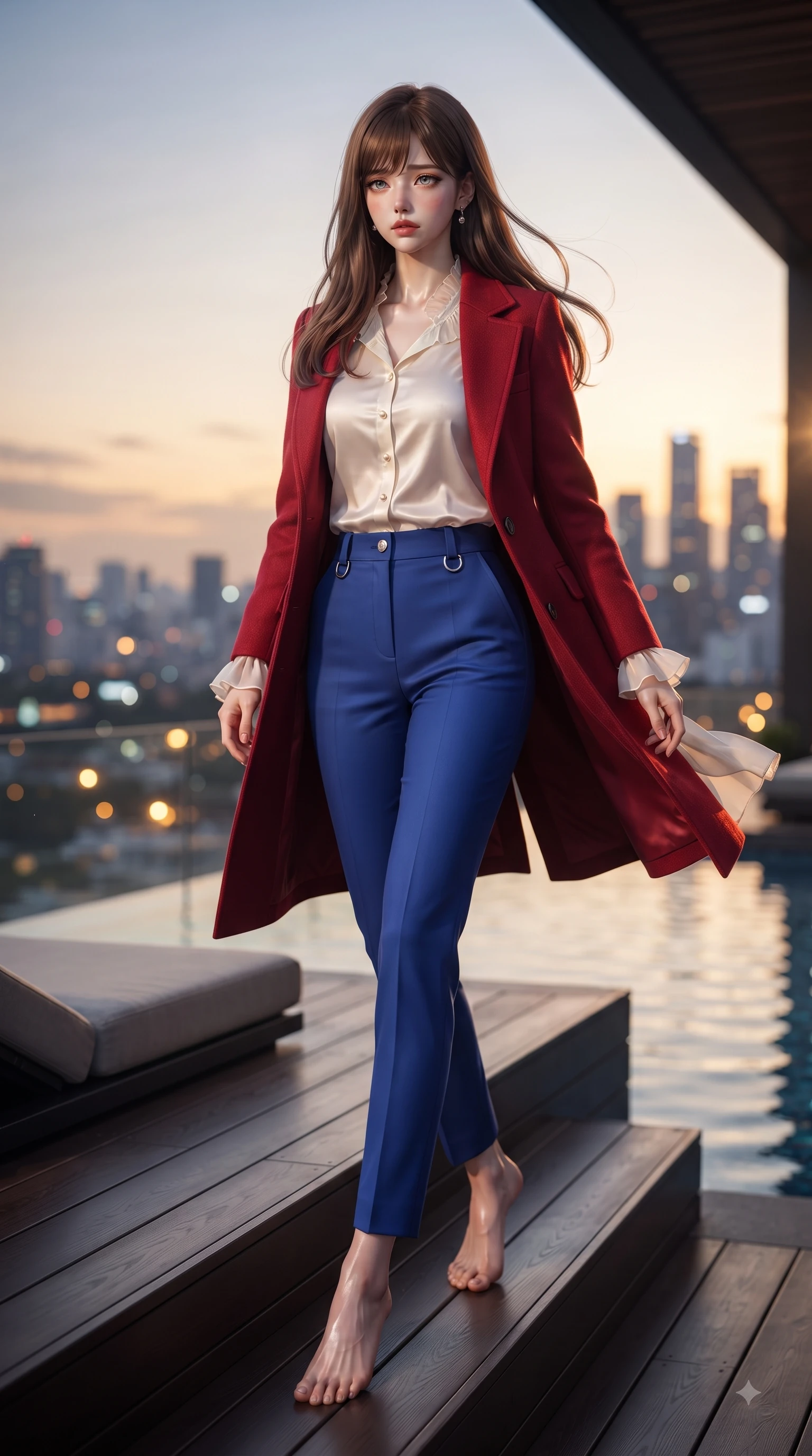 score_9, masterpiece, best quality, ultra-detailed, high-budget anime keyframe, editorial fashion photography, tasteful artistic composition, Korean woman. low angle full-body shot from head to toe showing her feet, filling the entire 9:16 vertical frame with her statuesque presence, stretching her vertical silhouette. Wistful sorrowful gaze looking distant with a delicate melancholy and emotional depth in her eyes while stepping gracefully onto an open-air rooftop lounge as golden sunset city lights twinkle. The composition keeps background elements in soft focus with dreamy bokeh. metropolitan skyline silhouettes blurred into a dramatic evening backdrop. She has an absolutely perfect, statuesque 8.5-heads proportion, an exceptionally tall and slender model-like female figure with impossibly long slender legs and an ultra-slim waist. sharp v-shaped jawline, high-bridge nose, intricate jewel-like eyes with depth, thick eyelashes, glossy lips with a natural sheen, flawlessly proportioned anatomical accuracy, natural body alignment, perfectly sculpted elegant limbs, clean dynamic posture without body distortion. wearing a tailored crimson red wool coat over a fitted ivory silk top and tailored trousers in electric cobalt blue and polished silver accent, woven from fine lightweight chiffon fluttering gracefully, accented with delicate pearl buttons and refined ruffle trims, the tailored fit highlighting her statuesque and model-like silhouette. illuminated by crisp specular highlights from infinity pool reflections and city lights. ultra-reflective glossy finish, specular highlights, metallic sheen, high-contrast stereoscopic depth, volumetric dynamic lighting, 2k, ultra detail, master piece, 9:16 ratio