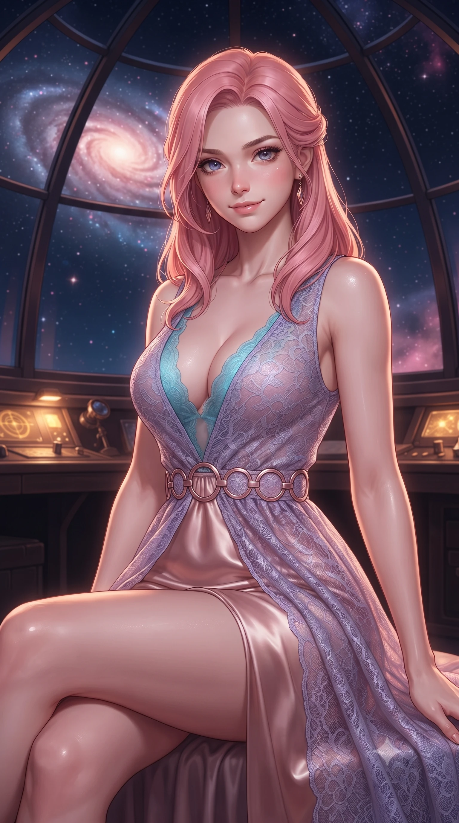 score_9, masterpiece, best quality, ultra-detailed, high-budget anime keyframe, editorial fashion photography, tasteful artistic composition, Japanese woman. close-up cowboy shot from the waist and thighs up, the character dominates the composition, filling the frame with her large presence, background elements kept in soft focus. Smiling with quiet, magnetic self-assurance directly into the camera, inside a high-altitude glass dome observatory looking out at a swirling spiral galaxy, deep navy cosmic sky contrast against warm interior gold glow. She has an exceptionally elegant, slender, and willowy female figure with an ultra-slim waist, a gracefully sculpted slender torso, and a refined silhouette. sharp v-shaped jawline, high-bridge nose, intricate jewel-like eyes with depth, thick eyelashes, glossy lips with a natural sheen. wearing gothic nebula sheer lavender lace gown with plunging neckline in sky blue turquoise, made of soft rose-gold satin, trimmed with rose-gold ring hardware along the waist contours, accentuating her gracefully sculpted slender torso. bathed in deep navy and galaxy pink ambient lighting. ultra-reflective glossy finish, specular highlights, metallic sheen, high-contrast stereoscopic depth, volumetric dynamic lighting, 2k, ultra detail, master piece, 9:16 ratio