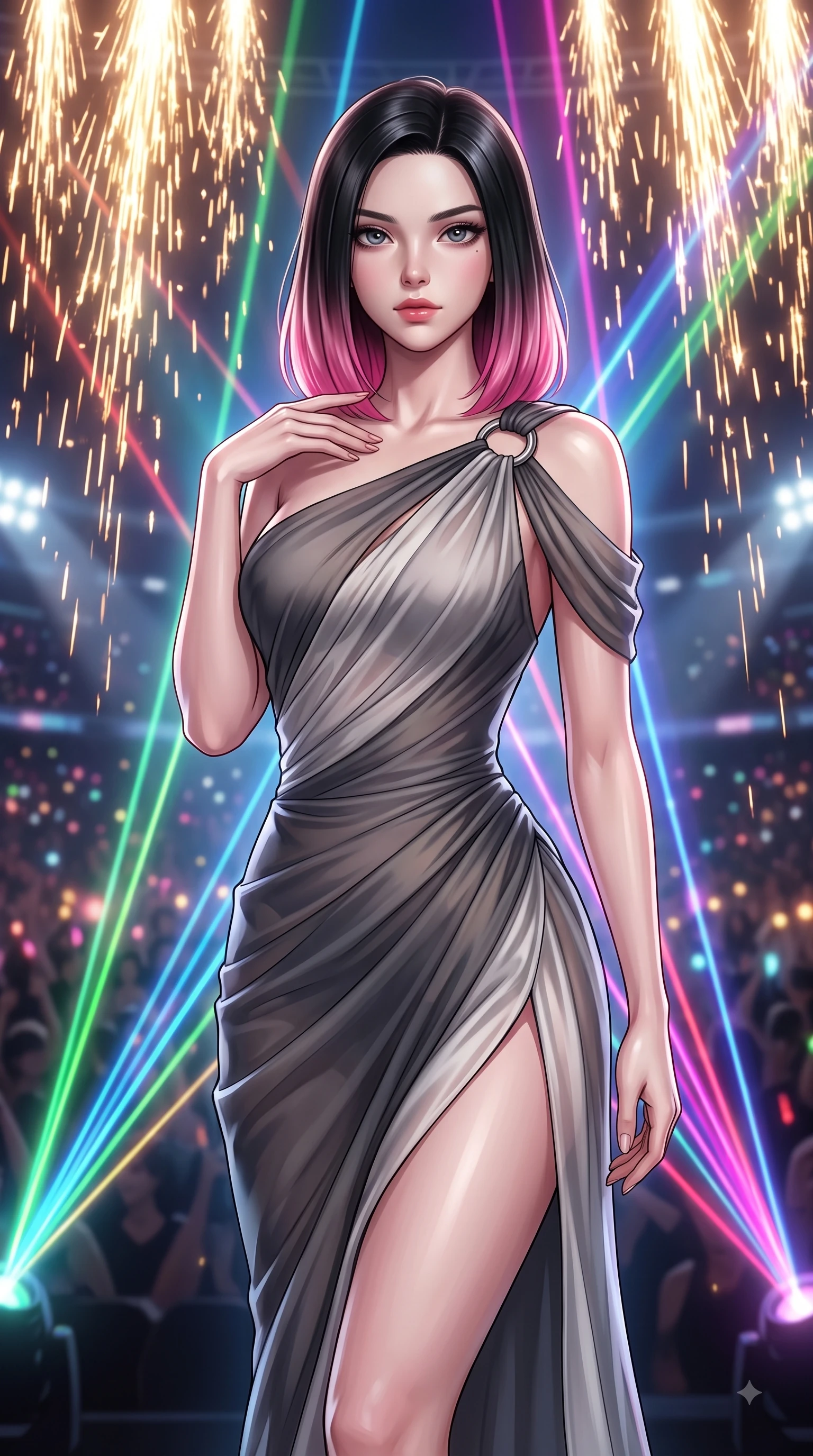 score_9, masterpiece, best quality, ultra-detailed, high-budget anime keyframe, editorial fashion photography, tasteful artistic composition, Korean woman. close-up cowboy shot from the waist and thighs up, the character dominates the composition, filling the frame with her large presence, background elements kept in soft focus. Pivoting her torso in an alluring S-curve alignment, one hand gently tracing her collarbone with poise while holding a powerful, seductive stage pose under intense laser beams on a stadium concert stage, golden pyrotechnic sparks falling like a waterfall behind her statuesque silhouette. She has an exceptionally elegant, slender, and willowy female figure with an ultra-slim waist, a gracefully sculpted slender torso, and a refined silhouette. sharp v-shaped jawline, high-bridge nose, intricate jewel-like eyes with depth, thick eyelashes, glossy lips with a natural sheen, flawlessly proportioned anatomical accuracy, natural body alignment, perfectly sculpted elegant limbs, clean dynamic posture without body distortion. wearing an asymmetrical Grecian draped chiffon gown with a metallic shoulder ring in charcoal grey and platinum, woven from fine semi-opaque sheer organza, finished with a sleek side slit ascending to mid-thigh, the elegant draped fit framing her graceful clavicle and slender torso. surrounded by an electric, high-energy performer aura with sharp shadows. ultra-reflective glossy finish, specular highlights, metallic sheen, high-contrast stereoscopic depth, volumetric dynamic lighting, 2k, ultra detail, master piece, 9:16 ratio