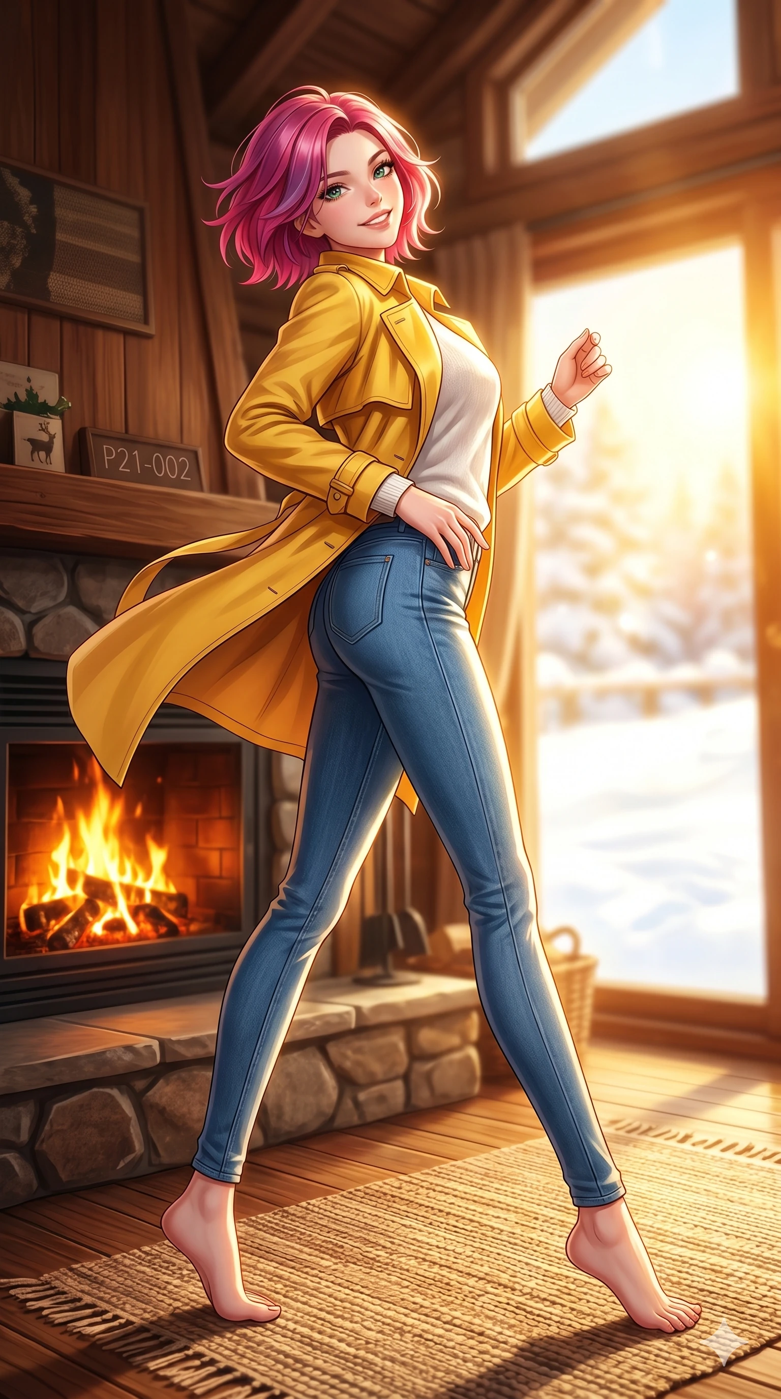 score_9, masterpiece, best quality, ultra-detailed, high-budget anime keyframe, vibrant anime aesthetic, Caucasian woman, strictly human ears. low angle full-body shot from head to toe showing her feet, filling the entire 9:16 vertical frame with her statuesque presence, stretching her vertical silhouette. She is leaning back with a radiant smile, looking over her shoulder with lively confidence by a cozy fireplace inside a mountain lodge cabin, where warm flames crackle softly (Code-P21-002). She has an absolutely perfect 8-heads proportion, an exceptionally tall and slender female figure with impossibly long slender legs and an ultra-slim waist. V-shaped jawline, high-bridge nose, intricate jewel-like eyes with depth, thick eyelashes, glossy lips with a natural sheen. wearing a bright yellow trench coat over a white cotton sweater and denim jeans. She is drenched in bright, golden winter sunshine reflecting off the white snow. 2k, ultra detail, master piece, 9:16 ratio