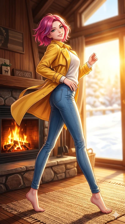score_9, masterpiece, best quality, ultra-detailed, high-budget anime keyframe, vibrant anime aesthetic, Caucasian woman, strictly human ears. low angle full-body shot from head to toe showing her feet, filling the entire 9:16 vertical frame with her