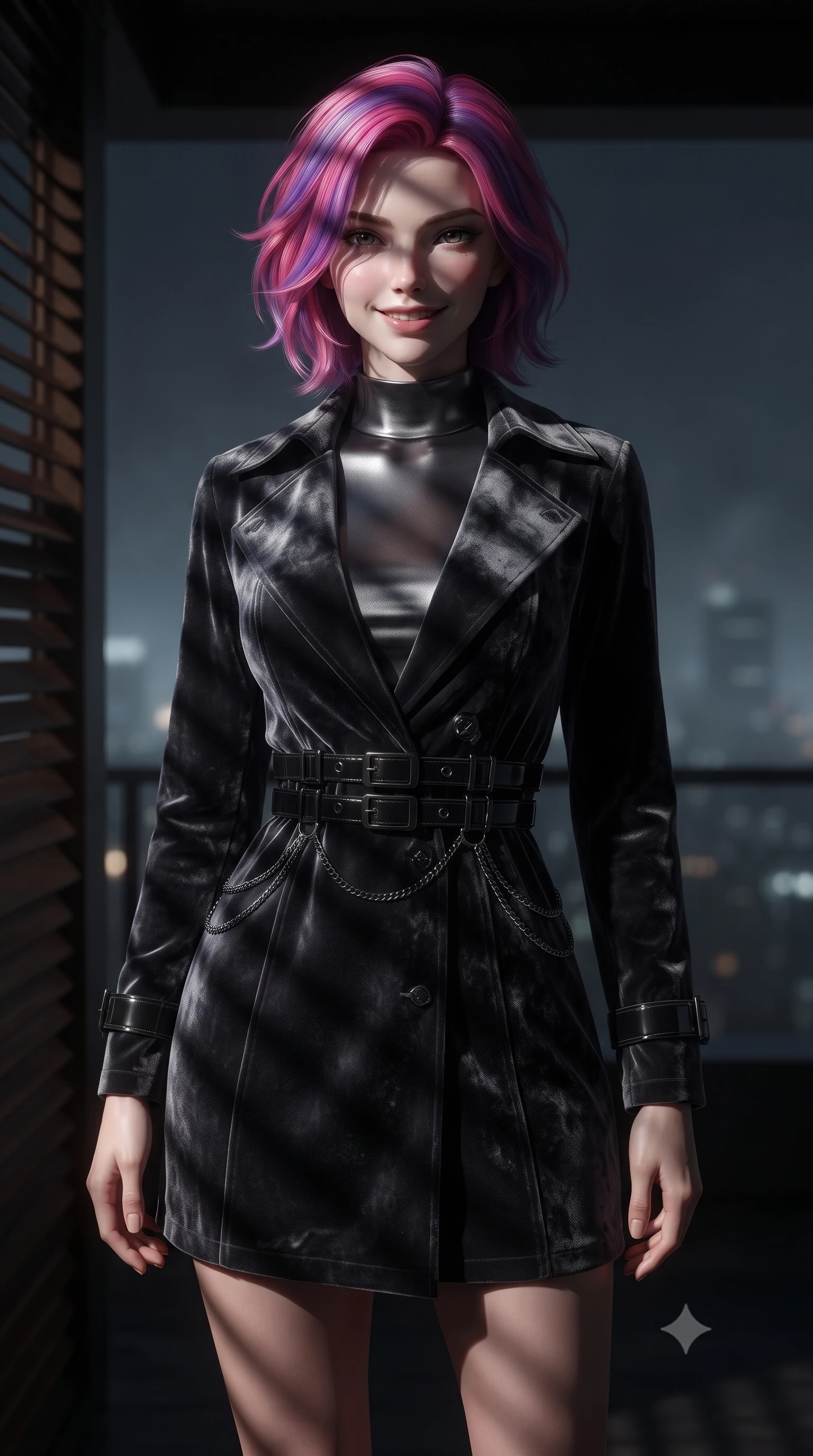 score_9, masterpiece, best quality, ultra-detailed, high-budget anime keyframe, editorial fashion photography, tasteful artistic composition, Caucasian woman. close-up cowboy shot from the waist and thighs up, the character dominates the composition, filling the frame with her large presence, background elements kept in soft focus. Smiling with quiet, magnetic self-assurance directly into the camera, gazing out over misty night city lights from a secluded pitch-dark penthouse terrace, dramatic chiaroscuro shadow patterns from wooden window blinds across her face. She has an exceptionally elegant, slender, and willowy female figure with an ultra-slim waist, a gracefully sculpted slender torso, and a refined silhouette. sharp v-shaped jawline, high-bridge nose, intricate jewel-like eyes with depth, thick eyelashes, glossy lips with a natural sheen. wearing structured dark charcoal trench dress over sleek high-neck top in metallic dark silver, made of crushed dark silk velvet, framed by dark titanium buckles and silver chain details, accentuating her gracefully sculpted slender torso. illuminated by dramatic low-key penthouse lighting with sharp side key rays. ultra-reflective glossy finish, specular highlights, metallic sheen, high-contrast stereoscopic depth, volumetric dynamic lighting, 2k, ultra detail, master piece, 9:16 ratio