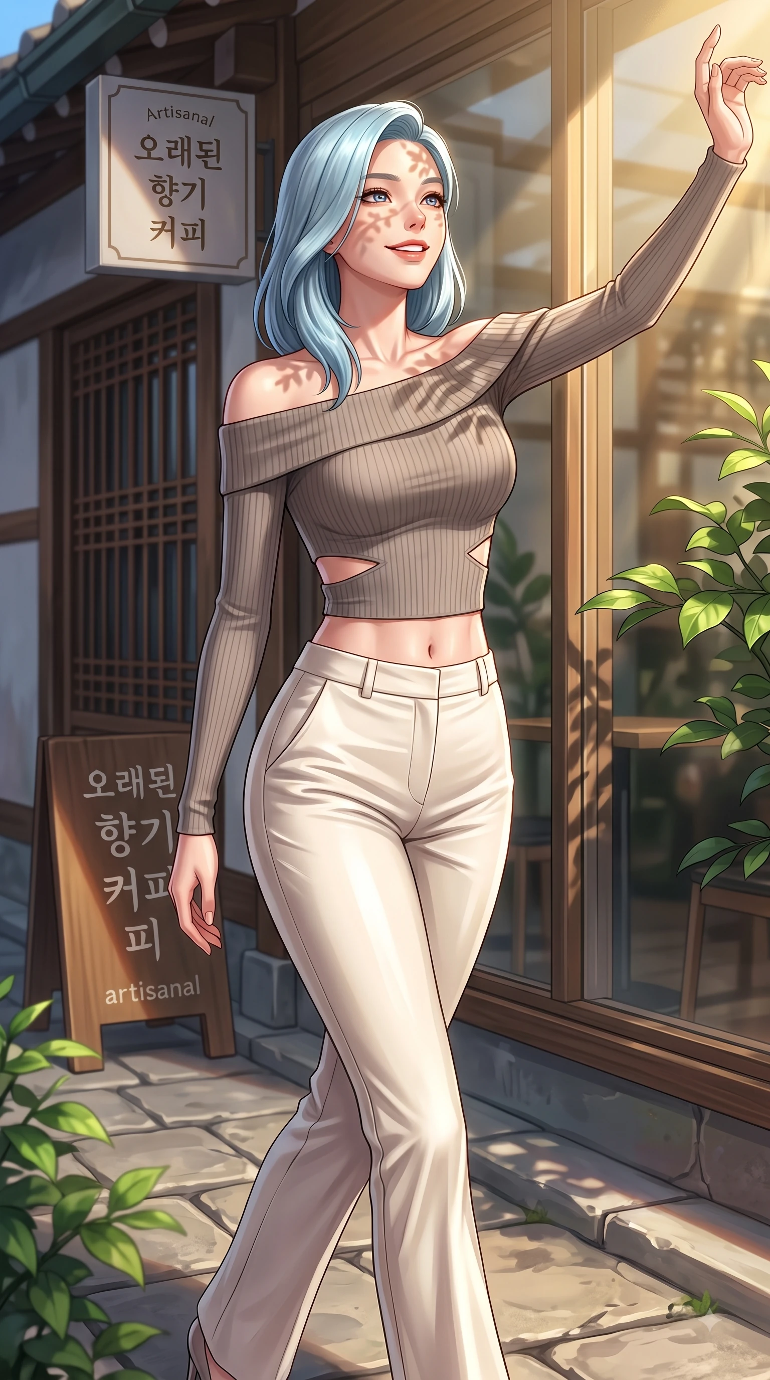 score_9, masterpiece, best quality, ultra-detailed, high-budget anime keyframe, editorial fashion photography, tasteful artistic composition, Korean woman. close-up cowboy shot from the waist and thighs up, the character dominates the composition, filling the frame with her large presence, background elements kept in soft focus. Extending one arm in an elegant stretch toward the light while smiling with vibrant, youthful self-assurance while stepping along a quiet Hanok alley lined with artisanal coffee shops under warm sunlight, lush green garden leaves outside casting delicate organic stencil shadows across her face. She has an exceptionally elegant, slender, and willowy female figure with an ultra-slim waist, a gracefully sculpted slender torso, and a refined silhouette. sharp v-shaped jawline, high-bridge nose, intricate jewel-like eyes with depth, thick eyelashes, glossy lips with a natural sheen, flawlessly proportioned anatomical accuracy, natural body alignment, perfectly sculpted elegant limbs, clean dynamic posture without body distortion. wearing a sleek off-shoulder ribbed knit top paired with high-waist tailored pants in muted taupe and soft ivory, crafted from lustrous satin jersey with fluid draping, featuring subtle geometric cutouts that highlight her ultra-slim midriff, the tailored fabric tightly following every curve of her athletic build. bathed in warm golden sunlight streaming through clean glass cafe windows. highly saturated vibrant anime colors, detailed shading with soft gradients, rich glossy textures, high-contrast stereoscopic depth, volumetric dynamic lighting, master piece, 9:16 ratio