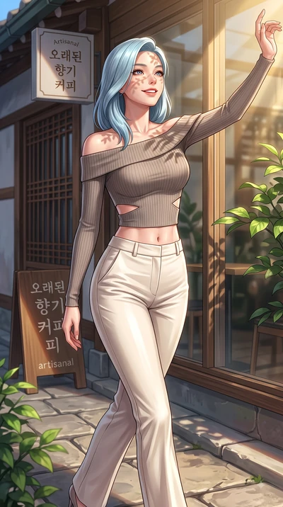 score_9, masterpiece, best quality, ultra-detailed, high-budget anime keyframe, editorial fashion photography, tasteful artistic composition, Korean woman. close-up cowboy shot from the waist and thighs up, the character dominates the composition, fi