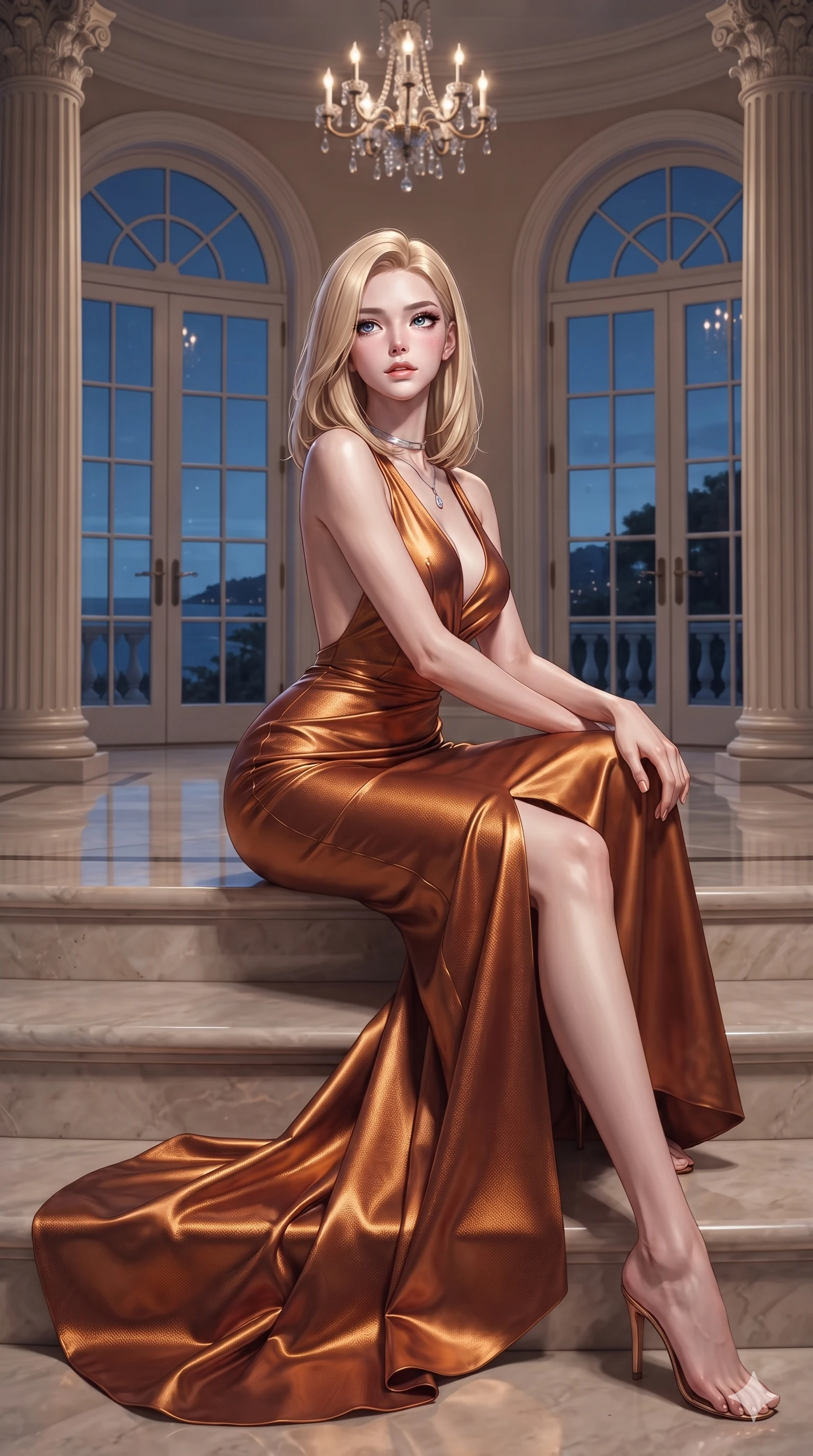 score_9, masterpiece, best quality, ultra-detailed, high-budget anime keyframe, editorial fashion photography, tasteful artistic composition, Korean woman. low angle full-body shot from head to toe showing her feet, filling the entire 9:16 vertical frame with her statuesque presence, stretching her vertical silhouette. sitting poised on the stone steps with one knee bent, arching her spine with supermodel elegance as she glances upward through thick eyelashes while standing poised between towering fluted Corinthian columns, twisting her slender torso in an alluring contrapposto stance beside towering arched French doors. The composition keeps background elements in soft focus with creamy bokeh: gentle coastal night breeze softened in grand palace foyer shallow focus. She has an exceptionally tall and slender model-like 8.5-heads proportion, an ultra-slim waist, a flat toned midriff, narrow delicate ribcage, and beautifully sculpted feminine hips creating a graceful, slim hourglass silhouette without any bulky heaviness, with impossibly long slender legs. sharp v-shaped jawline, high-bridge nose, intricate jewel-like eyes with depth, thick eyelashes, glossy parted lips with a natural sheen, intensely captivating and seductive bedroom-eyes expression, flawlessly proportioned anatomical accuracy, strict slender model proportions, natural body alignment, perfectly sculpted long slender limbs, ultra-slim waistline, clean dynamic posture without body distortion. wearing an open-back duchess satin gala gown with dramatic hip-hugging drape and cascading trailing hem in rich copper bronze and warm amber, woven from structured carbon-fiber jacquard with rich textural depth, finished with a minimalist chrome choker and a single teardrop diamond pendant, the liquid-tight tailored fabric clinging flawlessly to her narrow waist and rounded feminine hips, emphasizing every millimeter of her sculpted slim hourglass curves without any bulky heaviness. illuminated by cool Mediterranean twilight streaming through arched windows mixed with warm interior chandelier bounce. ultra-reflective glossy finish, specular highlights, rich textural contrasts, high-contrast stereoscopic depth, volumetric dynamic lighting, 2k, ultra detail, master piece, 9:16 ratio