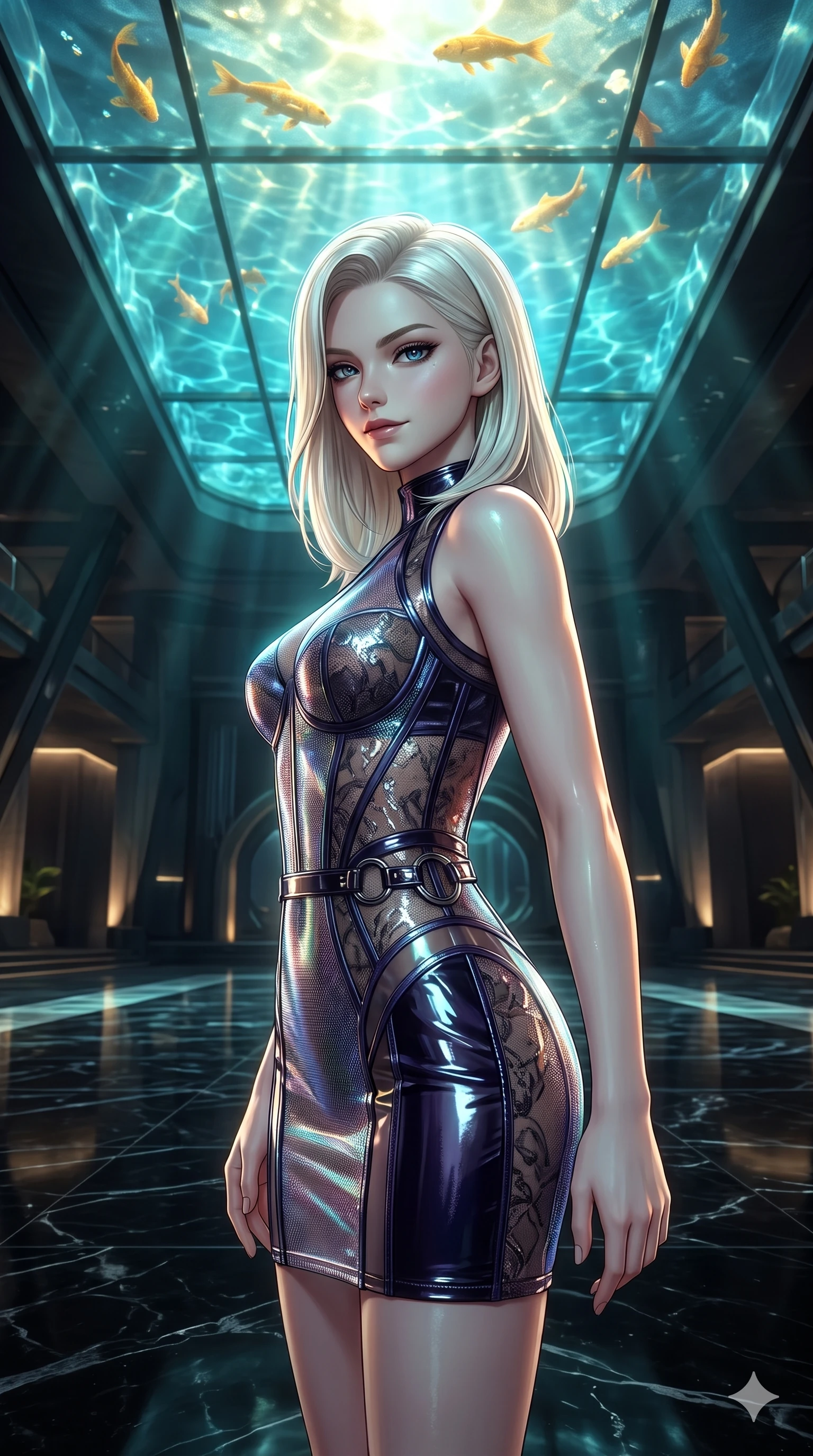 score_9, masterpiece, best quality, ultra-detailed, high-budget anime keyframe, semi-realistic 3D game render, editorial fashion photography, tasteful artistic composition, Caucasian woman. close-up cowboy shot from the waist and thighs up, the character dominates the composition, filling the frame with her large presence. glancing sidelong over her shoulder with a smoldering, enigmatic half-smile that commands the frame while standing poised on the black marble floor beneath the transparent glass ceiling, looking up as golden koi swim through illuminated waters overhead. The surrounding environment is rendered in vivid detail and crisp panoramic clarity: detailed sheer-illusion nanotech lace bodysuit cling, metallic foil flocking, and monumental underground architecture in razor-sharp clarity. She has an exceptionally elegant, slender, and willowy female figure with an ultra-slim waist, flat toned midriff, narrow ribcage, and sculpted feminine hips creating an alluring, slim hourglass silhouette without bulk. sharp v-shaped jawline, high-bridge nose, intricate jewel-like dark sparkling eyes with hypnotic seductive depth, thick curled eyelashes, glossy parted lips with a natural wine sheen, alluring bedroom-eyes with an enigmatic smoldering smile, exuding magnetic sovereign charisma and dark avant-garde glamour, flawlessly proportioned anatomical accuracy, strict slender model proportions, natural body alignment, perfectly sculpted long slender limbs, ultra-slim waistline, clean dynamic posture without body distortion. wearing a translucent iridescent micro-mesh corset dress with wet-look second-skin cling tracing her feminine curves in iridescent dark violet taffeta and midnight indigo, crafted from wet-look high-gloss vinyl fabric with dazzling specular surface reflections, accented with sculpted obsidian chrome rings at the waist, the glove-like silhouette tightly following the natural contour of her hips and long slender legs with youthful 8.5-heads elegance. bathed in mesmerizing aquatic turquoise and gold light caustics filtering down through the transparent ceiling pool. highly saturated vibrant anime colors, detailed shading with soft gradients, rich glossy textures, high-contrast stereoscopic depth, volumetric dynamic lighting, master piece, 9:16 ratio