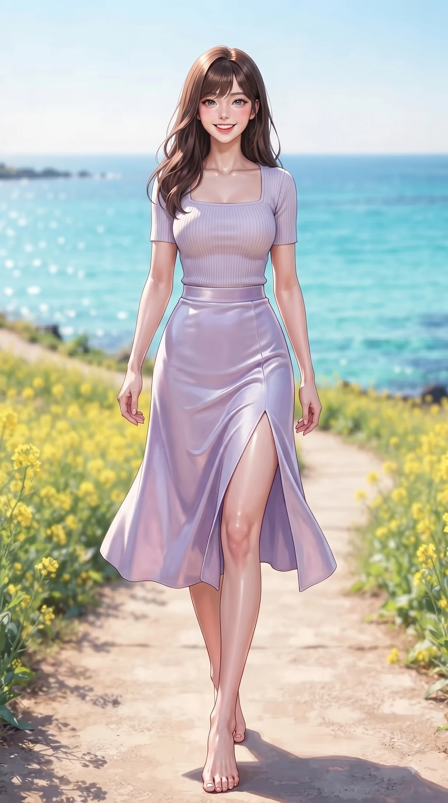 score_9, masterpiece, best quality, ultra-detailed, high-budget anime keyframe, editorial fashion photography, tasteful artistic composition, Korean woman. low angle full-body shot from head to toe showing her feet, filling the entire 9:16 vertical frame with her statuesque presence, stretching her vertical silhouette. walking forward in a proud dynamic stride with a cheerful beaming smile, her vertical silhouette filling the frame while strolling along a sun-drenched island path with the sparkling sea stretching into the distance. The composition keeps background elements in soft focus with dreamy bokeh. crystal-clear turquoise sea waves and yellow canola fields blurred into dreamy ocean bokeh. She has an absolutely perfect, statuesque 8.5-heads proportion, an exceptionally tall and slender model-like female figure with impossibly long slender legs and an ultra-slim waist. sharp v-shaped jawline, high-bridge nose, intricate jewel-like eyes with depth, thick eyelashes, glossy lips with a natural sheen, flawlessly proportioned anatomical accuracy, natural body alignment, perfectly sculpted elegant limbs, clean dynamic posture without body distortion. wearing a chic square-neck ribbed top paired with a flowing A-line midi skirt in soft lavender violet and pearl white, made of lustrous stretch velvet, featuring a sleek side leg slit ascending to mid-thigh, the sleek second-skin texture accentuating her magnetic presence. surrounded by a fresh, sun-drenched, and relaxing vacation atmosphere. ultra-reflective glossy finish, specular highlights, metallic sheen, high-contrast stereoscopic depth, volumetric dynamic lighting, 2k, ultra detail, master piece, 9:16 ratio