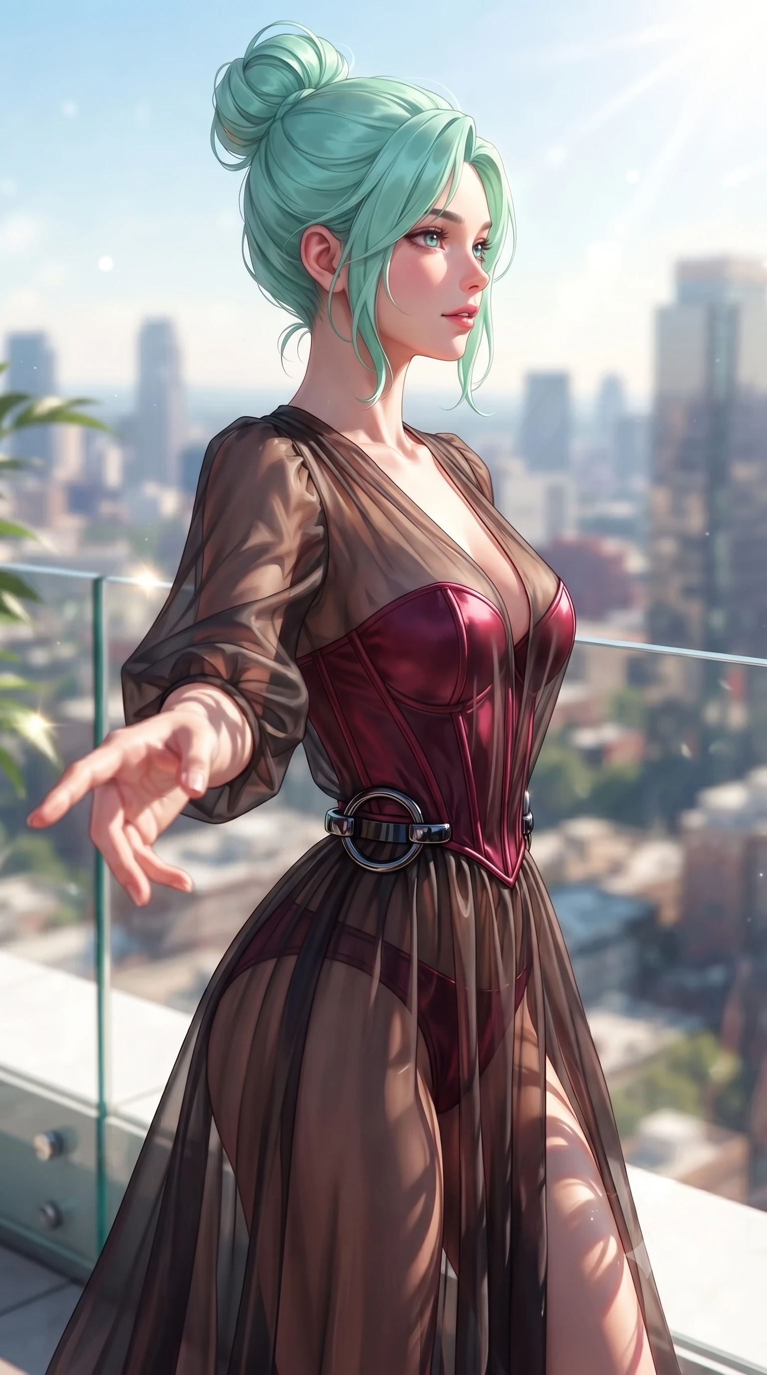 score_9, masterpiece, best quality, ultra-detailed, high-budget anime keyframe, editorial fashion photography, tasteful artistic composition, Japanese woman. close-up cowboy shot from the waist and thighs up, the character dominates the composition, filling the frame with her large presence, background elements kept in soft focus. Reaching one hand toward the viewer with relaxed sensual elegance, looking out over a sun-drenched city skyline with relaxed elegance, bright sunlight glinting off white leather and polished glass balustrades. She has an exceptionally elegant, slender, and willowy female figure with an ultra-slim waist, a gracefully sculpted slender torso, and a refined silhouette. sharp v-shaped jawline, high-bridge nose, intricate jewel-like eyes with depth, thick eyelashes, glossy lips with a natural sheen. wearing semi-opaque sheer dark chiffon gown revealing structured corset silhouette in deep crimson burgundy, made of soft crimson satin, accented with sculpted obsidian chrome rings at the waist, the fitted fabric emphasizing her ultra-slim waist. surrounded by a radiant sunlit ambiance with sharp organic leaf shadows. highly saturated vibrant anime colors, detailed shading with soft gradients, rich glossy textures, high-contrast stereoscopic depth, volumetric dynamic lighting, master piece, 9:16 ratio