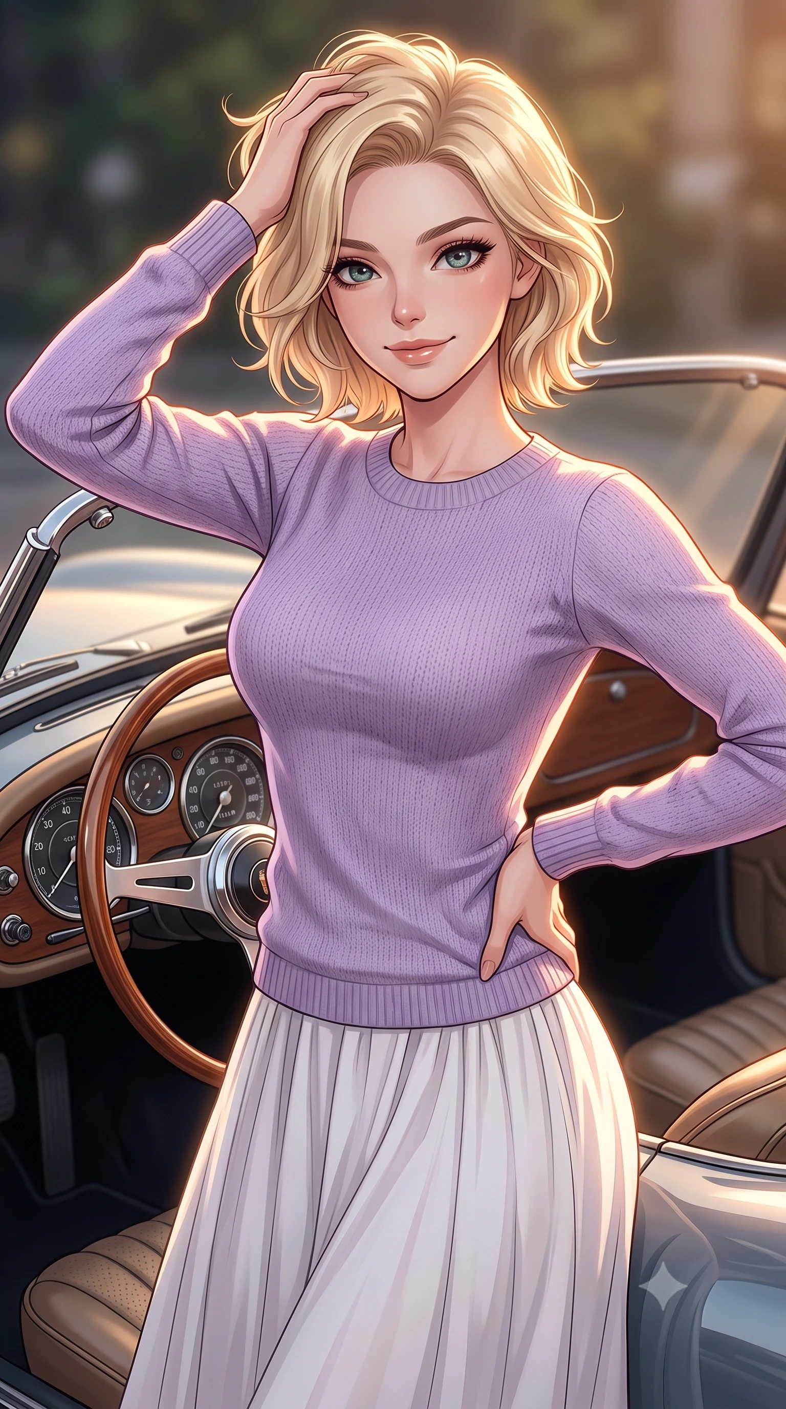 score_9, masterpiece, best quality, ultra-detailed, high-budget anime keyframe, tasteful artistic composition, Caucasian woman. close-up cowboy shot from the waist and thighs up, the character dominates the composition, filling the frame with her large presence, background elements kept in soft focus. smiling with quiet, magnetic self-assurance directly into the camera, running a hand through her hair the background shows a soft-focus the driver seat of a classic roadster with wooden steering wheel and chrome dials. She has an exceptionally elegant, slender, and willowy female figure with an ultra-slim waist, a gracefully sculpted slender torso, and a refined silhouette. sharp v-shaped jawline, high-bridge nose, intricate jewel-like eyes with depth, thick eyelashes, glossy lips with a natural sheen. wearing a slim-fit comfortable lavender knit sweater paired with a flowy white cotton maxi skirt. warm golden hour light tracing her silhouette with a soft glowing rim light. highly saturated vibrant anime colors, cel-shading, 2d style, master piece, 9:16 ratio