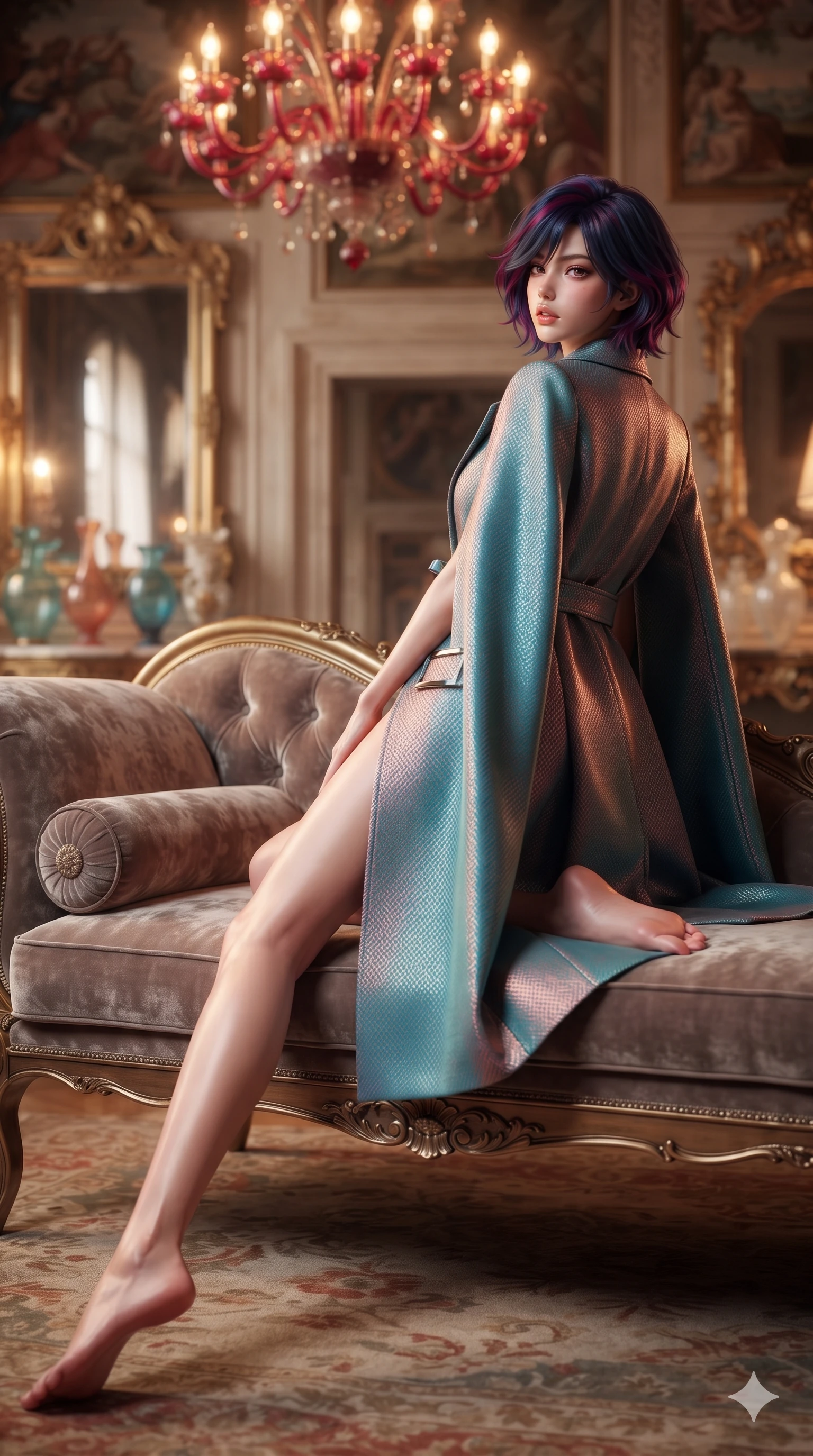 score_9, masterpiece, best quality, ultra-detailed, high-budget anime keyframe, semi-realistic 3D game render, editorial fashion photography, tasteful artistic composition, Korean woman. low angle full-body shot from head to toe showing her feet, filling the entire 9:16 vertical frame with her statuesque presence, stretching her vertical silhouette. reclining gracefully across the plush chaise lounge with one leg extended, her sculpted silhouette and flat midriff radiating magnetic nocturnal glamour while posing in an alluring rear three-quarter angle, looking over a bare shoulder with parted glossy lips as ruby chandelier light traces her spine. The composition keeps background elements in soft focus with creamy bokeh: aristocratic Venetian salon warmth softened in private palazzo chamber shallow focus. She has an exceptionally tall and slender model-like 8.5-heads proportion, an ultra-slim waist, a flat toned midriff, narrow delicate ribcage, and beautifully sculpted feminine hips creating a graceful, slim hourglass silhouette without any bulky heaviness, with impossibly long slender legs. sharp v-shaped jawline, high-bridge nose, intricate jewel-like eyes with depth, thick eyelashes, glossy parted lips with a natural sheen, intensely captivating and seductive bedroom-eyes expression, flawlessly proportioned anatomical accuracy, strict slender model proportions, natural body alignment, perfectly sculpted long slender limbs, ultra-slim waistline, clean dynamic posture without body distortion. wearing a tailored double-faced cashmere cape coat with structured lapels and a self-tying belt cinching her waist in Venetian aquamarine silk and rose gold, woven from structured carbon-fiber jacquard with rich textural depth, finished with sleek magnetic buckle closures fluttering in the breeze, the impeccably tailored cut draping gracefully along her slender figure with aristocratic poise. illuminated by warm 2400K Murano chandelier ruby-amber glow mixed with soft gilded mirror bounce. highly saturated vibrant anime colors, detailed shading with soft gradients, rich glossy textures, high-contrast stereoscopic depth, volumetric dynamic lighting, master piece, 9:16 ratio