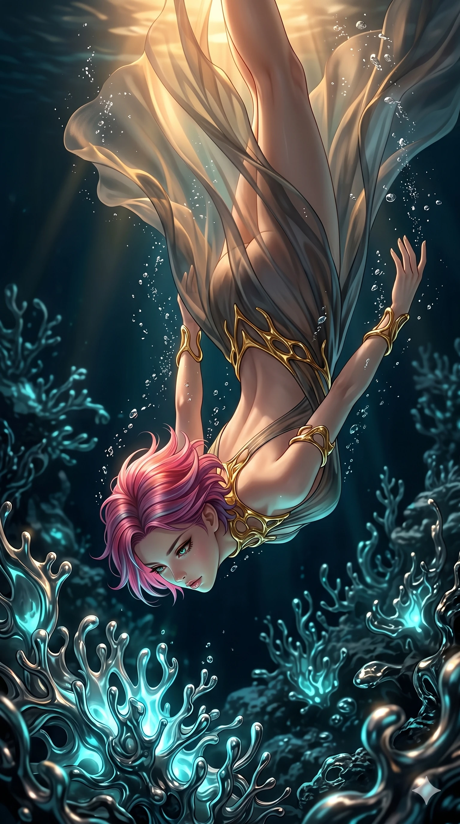 score_9, masterpiece, best quality, ultra-detailed, high-budget anime keyframe, Japanese woman. low angle full-body shot filling the entire 9:16 frame with her statuesque presence, stretching the vertical silhouette. diving through a bionic fluid mercury reef where self-replicating liquid chrome corals pulse under dark ocean water. She has an absolutely perfect 8-heads proportion, an exceptionally tall and slender female figure with impossibly long slender legs and an ultra-slim waist. V-shaped jawline, high-bridge nose, intricate jewel-like eyes with depth, thick eyelashes, glossy lips with a natural sheen.. wearing a molten gold and chiffon gown, featuring organic liquid gold collar and cuffs on a translucent charcoal-gray halter neck chiffon gown with a deep backless design. showcasing a beautiful play of light and shadow, with warm golden rays clashing against cool cyan highlights. 2k, ultra detail, master piece, 9:16 ratio