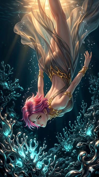 score_9, masterpiece, best quality, ultra-detailed, high-budget anime keyframe, Japanese woman. low angle full-body shot filling the entire 9:16 frame with her statuesque presence, stretching the vertical silhouette. diving through a bionic fluid mer