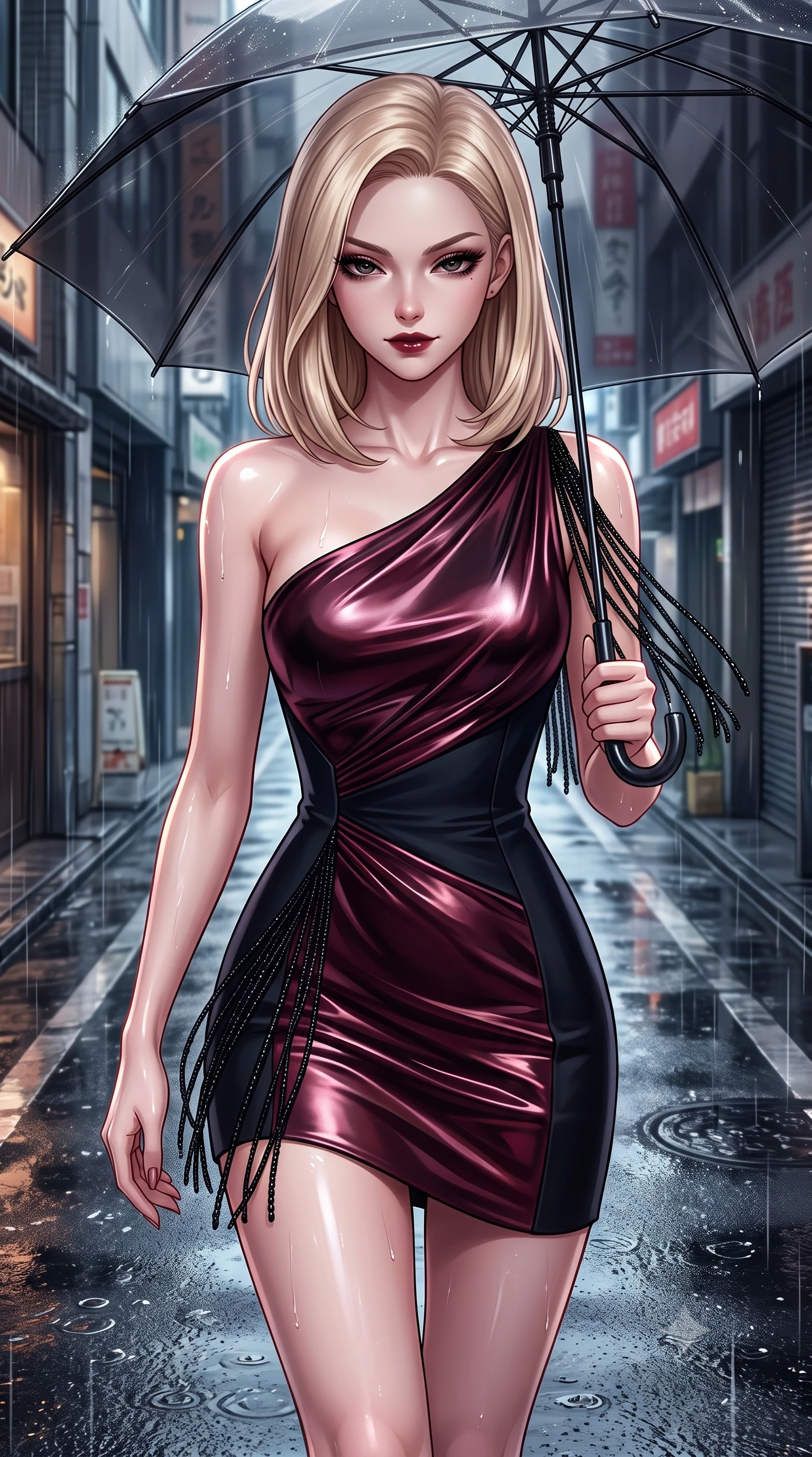 score_9, masterpiece, best quality, ultra-detailed, high-budget anime keyframe, semi-realistic 3D game render, editorial fashion photography, tasteful artistic composition, Korean woman. close-up cowboy shot from the waist and thighs up, the character dominates the composition, filling the frame with her large presence. glancing down over lowered lashes before meeting the camera with quiet, devastating intensity, her tailored outfit tracing her ultra-slim waist and hips while walking dynamically down the glistening wet asphalt alley beneath a translucent black umbrella, hips swaying gracefully in a captivating supermodel rhythm. The surrounding environment is rendered in vivid detail and crisp panoramic clarity. detailed outfit drape, wet reflections on skin, and Ginza architecture lines in razor-sharp resolution. She has an exceptionally elegant, slender, and willowy female figure with an ultra-slim waist, flat toned midriff, narrow ribcage, and sculpted feminine hips creating an alluring, slim hourglass silhouette without bulk. sharp v-shaped jawline, high-bridge nose, intricate jewel-like dark sparkling eyes with dangerous depth, thick curled eyelashes, glossy parted lips with a rich wine sheen, smoldering seductive half-smile with bedroom-eyes, exuding effortless superiority and intoxicating dark allure, flawlessly proportioned anatomical accuracy, strict slender model proportions, natural body alignment, perfectly sculpted long slender limbs, ultra-slim waistline, clean dynamic posture without body distortion. wearing an asymmetric one-shoulder liquid mercury metallic mini dress hugging her narrow waist and curvy hips in deep wine burgundy and lustrous obsidian, tailored from fine lightweight midnight wool crepe with crisp architectural structure, accented with fine jet-black beaded tassels that sway with each movement, the glove-like silhouette tightly following the natural contour of her hips and long slender legs with youthful 8.5-heads elegance. illuminated by wet ground specular reflections accentuating her sculpted collarbones, ultra-slim waist, and curvy hips. highly saturated vibrant anime colors, detailed shading with soft gradients, rich glossy textures, high-contrast stereoscopic depth, volumetric dynamic lighting, master piece, 9:16 ratio