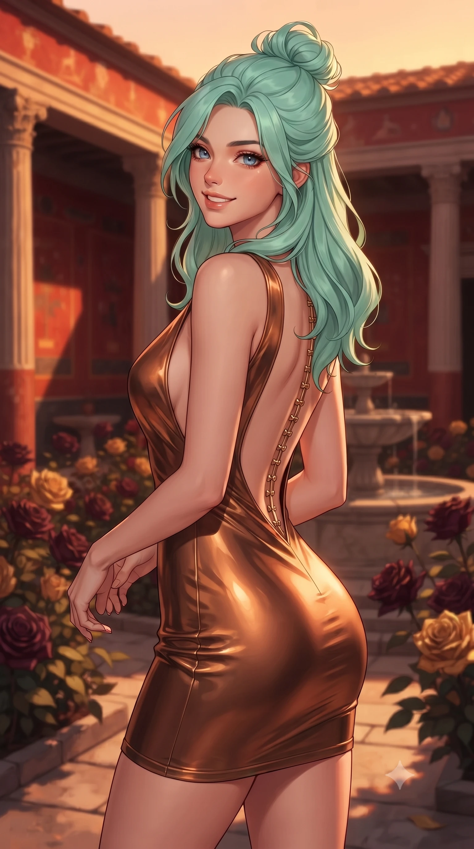 score_9, masterpiece, best quality, ultra-detailed, high-budget anime keyframe, editorial fashion photography, tasteful artistic composition, gorgeous anime illustration, with clean line-art, distinct ink outlines, and high-contrast stereoscopic depth, Japanese woman. close-up cowboy shot from the waist and thighs up, the character dominates the composition, filling the frame with her large presence, background elements kept in soft focus. Looking over her shoulder with a bright, welcoming smile and happy eyes. set against a soft-focus background of inside a preserved Roman villa courtyard with red frescoed walls and columns, with rare volcanic ash roses blooming around a stone fountain. She has an exceptionally elegant, slender, and willowy female figure with a highly-defined ultra-slim waist, a gracefully sculpted slender torso, and a refined slim-fit silhouette that contours her form. sharp v-shaped jawline, high-bridge nose, intricate jewel-like eyes with depth, thick eyelashes, glossy lips with a natural sheen. wearing a deep-V bodycon mini dress in shifting liquid bronze, featuring a dramatic open back and gold spine hardware. warm low-angle sunset casting a deep orange and amber glow, highlighting the rich red walls and casting long dramatic shadows. 2k, ultra detail, master piece, 9:16 ratio, highly saturated vibrant anime colors, detailed cel-shading with soft gradients, rich glossy textures, deep contrast, volumetric dynamic lighting, 2d animation style