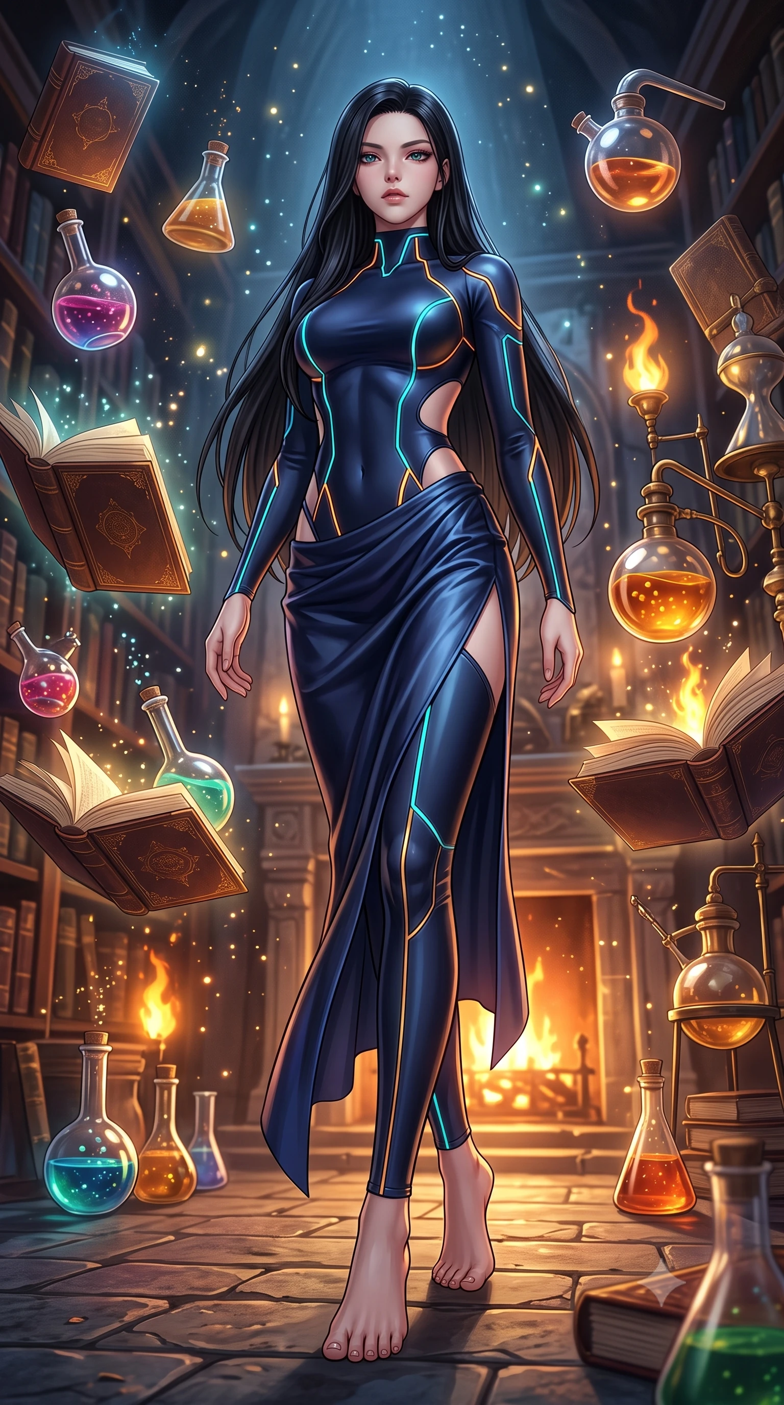 score_9, masterpiece, best quality, ultra-detailed, high-budget anime keyframe, editorial fashion photography, tasteful artistic composition, Korean woman. low angle full-body shot from head to toe showing her feet, filling the entire 9:16 vertical frame with her statuesque presence, stretching her vertical silhouette. stepping forward with proud posture, filling the vertical frame with her magnetic presence navigating an arcane library with floating leather-bound books and glass flasks, intricate brass alchemy tools and glass retorts reflecting warm hearth fire. She has an absolutely perfect, statuesque 8.5-heads proportion, an exceptionally tall and slender model-like female figure with impossibly long slender legs and an ultra-slim waist. sharp v-shaped jawline, high-bridge nose, intricate jewel-like eyes with depth, thick eyelashes, glossy lips with a natural sheen. wearing a skin-tight cybernetic bodysuit with glowing neon seams and side cutouts in midnight navy blue and chrome trim, crafted from lustrous satin jersey with fluid draping, finished with a sleek side slit ascending to mid-thigh, the sleek second-skin texture accentuating her magnetic presence. illuminated by amber potion flames and sparkling spore highlights. highly saturated vibrant anime colors, detailed shading with soft gradients, rich glossy textures, high-contrast stereoscopic depth, volumetric dynamic lighting, master piece, 9:16 ratio