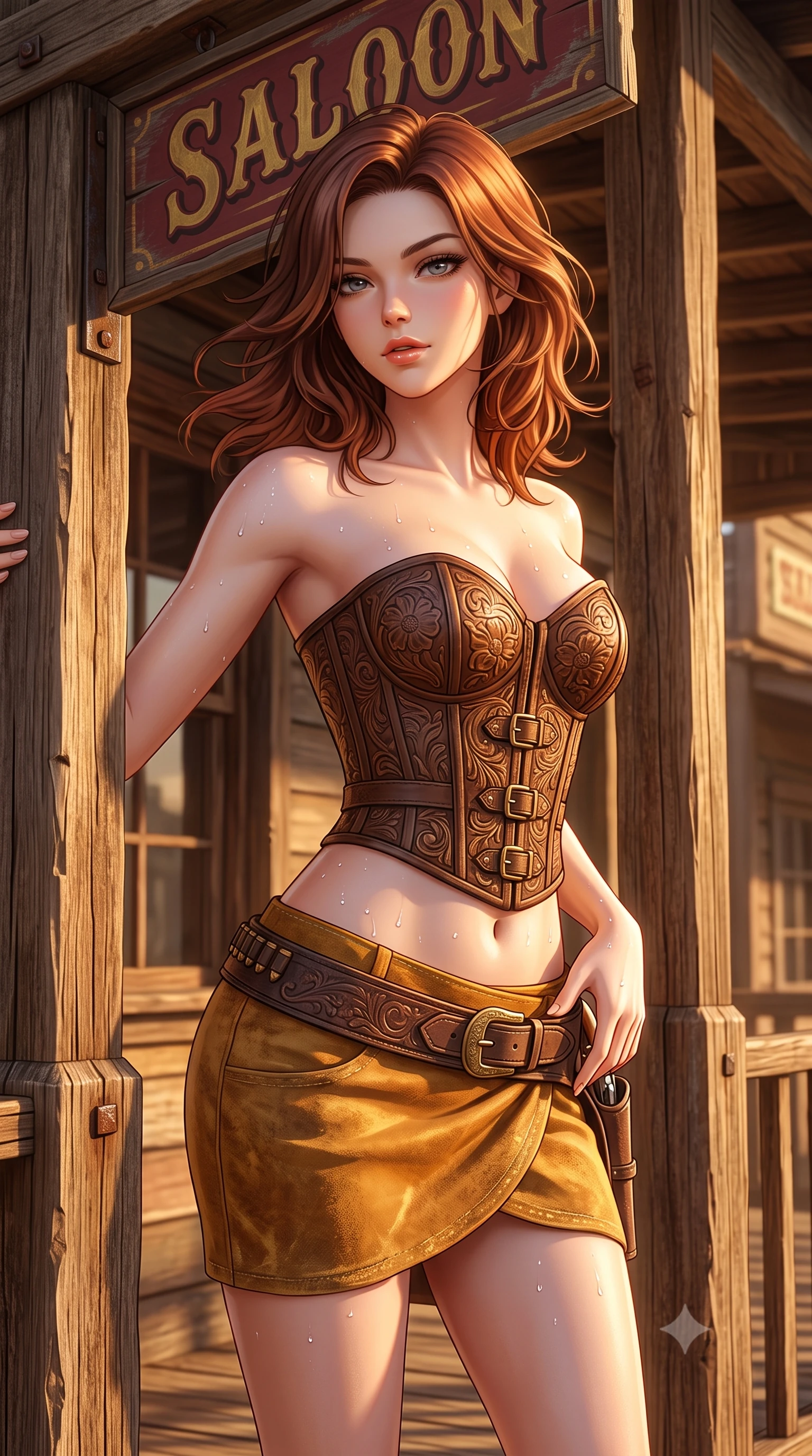 score_9, masterpiece, best quality, ultra-detailed, high-budget anime keyframe, semi-realistic 3D game render, editorial fashion photography, tasteful artistic composition, Korean woman. close-up cowboy shot from the waist and thighs up, the character dominates the composition, filling the frame with her large presence. turning slowly with an enchanting smoldering smile, her glossy hair tossing in the breeze as her hips angle gracefully in a captivating contrapposto while standing poised between the saloon porch timber pillars with hips cocked back, arching her spine with seductive gunslinger allure. The surrounding environment is rendered in vivid detail and crisp panoramic clarity: sharp rough-sawn cedar plank grain, rusted iron square nails, and weathered saloon sign lettering in deep focus. She has an exceptionally elegant, slender, and willowy female figure with an ultra-slim waist, flat toned midriff, narrow ribcage, and sculpted feminine hips creating an alluring, slim hourglass silhouette without bulk. sharp v-shaped jawline, high-bridge nose, sparkling eyes with hypnotic seductive depth, thick curled eyelashes, glossy parted lips with a natural dewy peach sheen, alluring bedroom-eyes with an enchanting coquettish smile, exuding magnetic siren charisma and sophisticated glamour, flawlessly proportioned anatomical accuracy, strict slender model proportions, natural body alignment, perfectly sculpted long slender limbs, ultra-slim waistline, clean dynamic posture without body distortion. wearing a structured boned leatherette corset bodice with western floral tooling paired with a micro-wrap denim skirt in warm amber honey and antique gold leaf, tailored from ultra-soft distressed suede with velvety hand-feel and rich shadow depth, finished with glistening drops of seawater beading across her sculpted shoulders and flat midriff, the second-skin tailored fabric adhering flawlessly to her sculpted flat midriff and slender torso, emphasizing her long leg lines and perfectly proportioned willowy build. bathed in late afternoon golden sunlight filtering horizontally under the timber porch eaves. highly saturated vibrant anime colors, detailed shading with soft gradients, rich glossy textures, high-contrast stereoscopic depth, volumetric dynamic lighting, master piece, 9:16 ratio