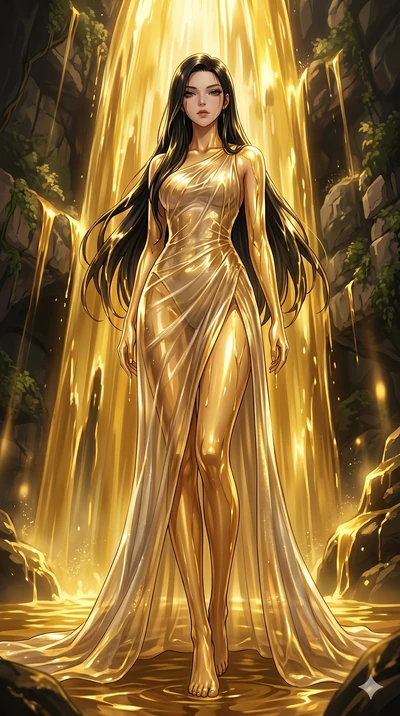 score_9, masterpiece, best quality, ultra-detailed, High-budget Anime Keyframe, East Asian woman. Low angle cowboy shot filling the entire 9:16 frame with her statuesque presence. Scenario 39: Standing under a waterfall of liquid gold, the fluid coat
