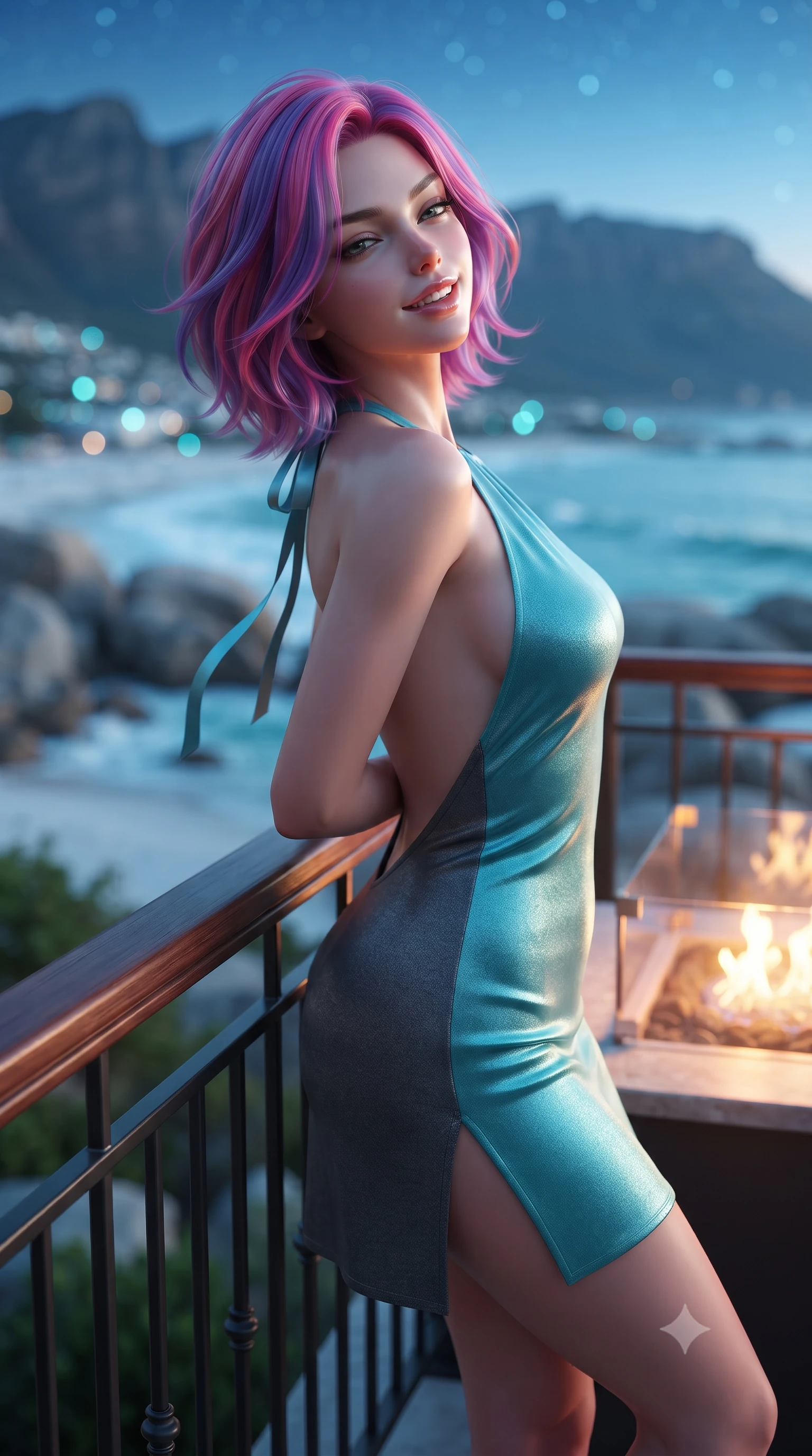 score_9, masterpiece, best quality, ultra-detailed, high-budget anime keyframe, editorial fashion photography, tasteful artistic composition, Caucasian woman. close-up cowboy shot from the waist and thighs up, the character dominates the composition, filling the frame with her large presence. leaning back against the balustrade with relaxed seductive grace, head tilted back slightly while casting a hypnotic, heavy-lidded gaze while twisting her slender torso in an alluring contrapposto stance beside the fire pit, ocean breezes tossing her glossy hair as starlight caresses her flat midriff. The background shows a soft-focus massive granite sea boulders pounded by turquoise Atlantic surf, white sand beaches of Clifton, and Twelve Apostles mountain peaks blurred into cyan, cobalt, and diamond bokeh. She has an exceptionally elegant, slender, and willowy female figure with an ultra-slim waist, flat toned midriff, narrow ribcage, and sculpted feminine hips creating an alluring, slim hourglass silhouette without bulk. sharp v-shaped jawline, high-bridge nose, intricate jewel-like sparkling eyes with depth, thick eyelashes, glossy parted lips with a natural peach sheen, bright cheerful beaming smile with an enchanting and coquettish sensual glint, exuding both youthful cute charm and seductive allure, flawlessly proportioned anatomical accuracy, strict slender model proportions, natural body alignment, perfectly sculpted long slender limbs, ultra-slim waistline, clean dynamic posture without body distortion. wearing a provocative backless halterneck silk lamé mini dress with deep scoop back down to her lower spine and thigh-high slit in Cape Town Atlantic aquamarine turquoise and raw granite charcoal, crafted from bespoke double-faced cashmere with an exceptionally soft tactile finish, finished with satin ribbon ties at the shoulders fluttering in the gentle breeze, the liquid-tight tailored fabric clinging flawlessly to her narrow waist and rounded feminine hips, emphasizing every millimeter of her sculpted slim hourglass curves without any bulky heaviness. bathed in the dramatic contrast of warm 2200K outdoor fire pit flames and brilliant cool Atlantic starlight and twilight. ultra-reflective glossy finish, specular highlights, rich textural contrasts, high-contrast stereoscopic depth, volumetric dynamic lighting, 2k, ultra detail, master piece, 9:16 ratio