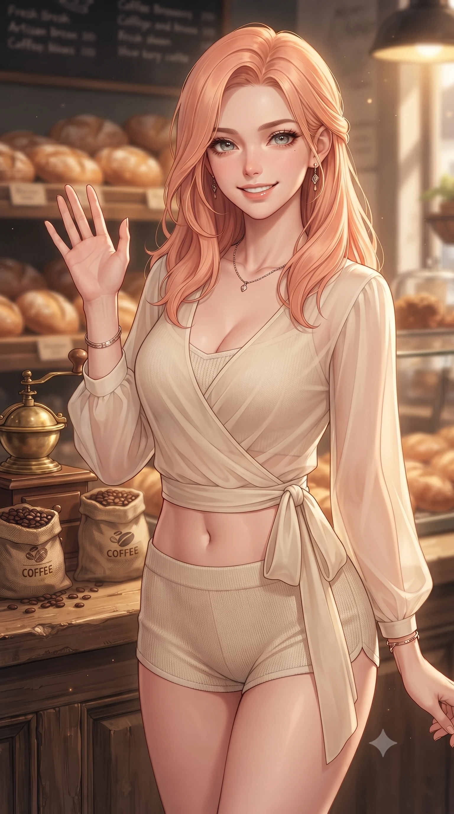 score_9, masterpiece, best quality, ultra-detailed, high-budget anime keyframe, editorial fashion photography, tasteful artistic composition, Japanese woman. close-up cowboy shot from the waist and thighs up, the character dominates the composition, filling the frame with her large presence, background elements kept in soft focus. flashing a sweet, beaming smile while waving one hand gently toward the camera set against a soft-focus background of inside a bustling bakery cafe with display shelves full of fresh bread with a vintage coffee grinder and bags of coffee beans on the counter behind her. She has an exceptionally elegant, slender, and willowy female figure with an ultra-slim waist, a gracefully sculpted slender torso, and a refined silhouette. sharp v-shaped jawline, high-bridge nose, intricate jewel-like eyes with depth, thick eyelashes, glossy lips with a natural sheen. wearing tailored sheer chiffon wrap top in cream, worn over a slim-fit knit bralette and low-cut shorts. warm golden lighting creating a cozy, relaxing weekend mood. ultra-reflective glossy finish, specular highlights, metallic sheen, high-contrast stereoscopic depth, volumetric dynamic lighting, 2k, ultra detail, master piece, 9:16 ratio