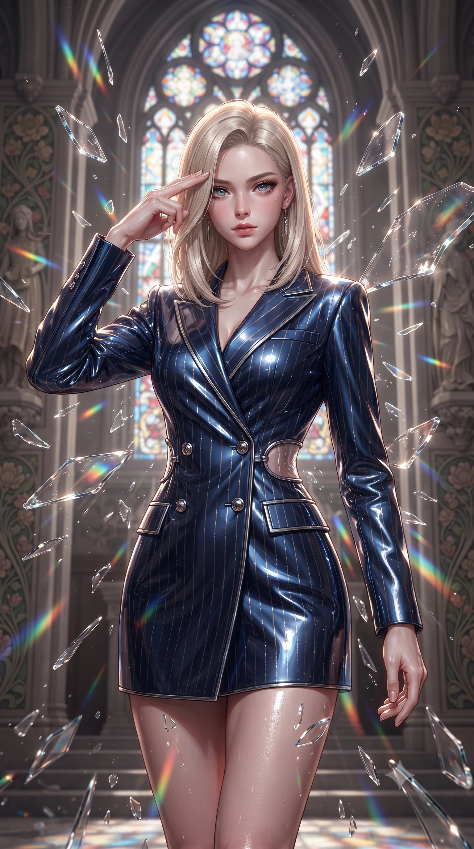 score_9, masterpiece, best quality, ultra-detailed, high-budget anime keyframe, editorial fashion photography, tasteful artistic composition, Caucasian woman. close-up cowboy shot from the waist and thighs up, the character dominates the composition, filling the frame with her large presence, background elements kept in soft focus. Pressing two fingers to her temple in a composed thoughtful gesture with an air of magnetic charisma leaping through shattered liquid glass fragments in a illuminated cathedral, intricate floral Art Nouveau motifs decorating the surrounding stone. She has an exceptionally elegant, slender, and willowy female figure with an ultra-slim waist, a gracefully sculpted slender torso, and a refined silhouette. sharp v-shaped jawline, high-bridge nose, intricate jewel-like eyes with depth, thick eyelashes, glossy lips with a natural sheen. wearing a double-breasted blazer dress with metallic pin-stripes in midnight navy blue and chrome trim, tailored from high-gloss patent leather, accented with delicate chrome ring hardware framing her waist, the glove-like fit emphasizing her statuesque silhouette. bathed in cascading rainbow prismatic light refracting through stained glass. ultra-reflective glossy finish, specular highlights, metallic sheen, high-contrast stereoscopic depth, volumetric dynamic lighting, 2k, ultra detail, master piece, 9:16 ratio